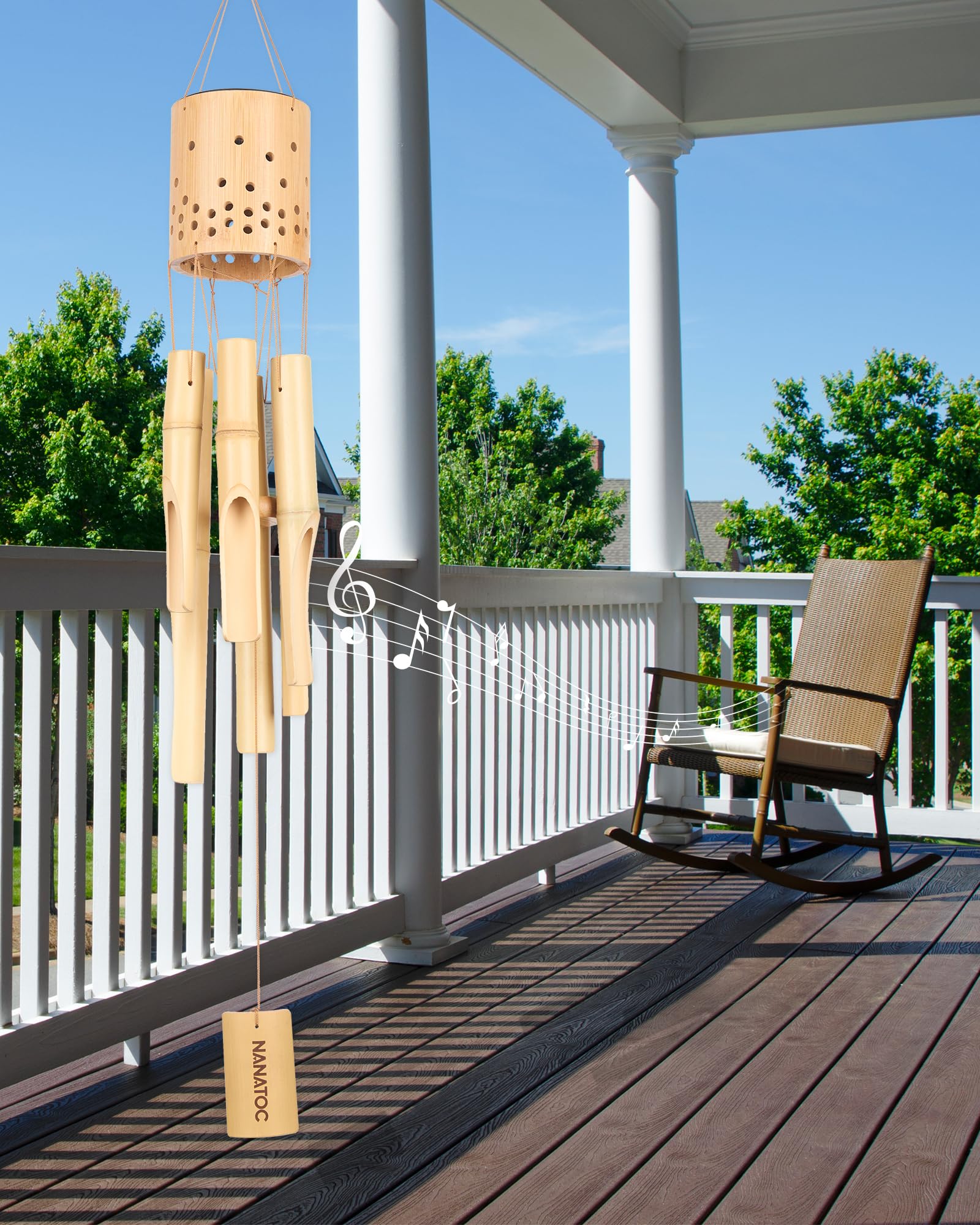Bambus-Windspiel für den Außenbereich, mit Solar-Akzentlicht, Holz-Windspiel, 6 Bambusröhren, tiefer Ton, perfekt für Terrasse, Garten, Veranda und Balkon