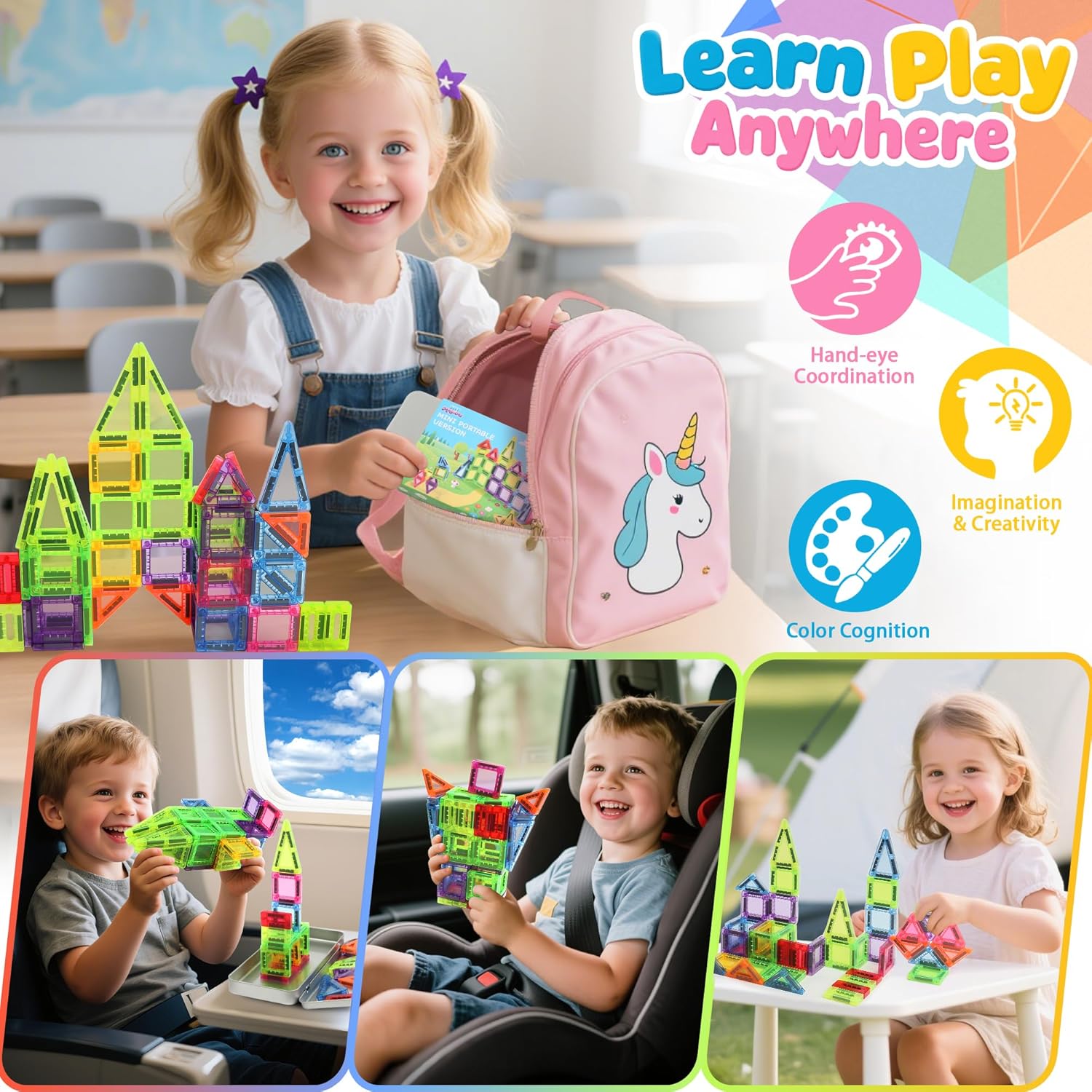 36PCS Mini Magnetic Tiles with Iron Box, Magnetic Building Blocks Travel Size for Kids, STEM Educational Toys Birthday Gifts for 3 4 5 6 7 Year Old Boys Girls Children - Image 2