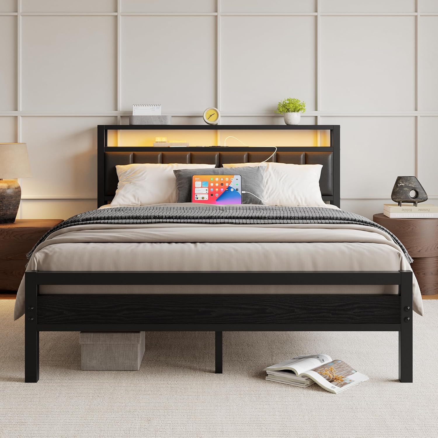 Queen Bed Frame with Upholstered Headboard,Metal Platform Bed Frame Queen Size with Storage & LED Lights,Faux Leather Queen Size Bed Frame No Box Spring Need,Heavy Duty Metal Slats,Noise Free,Black