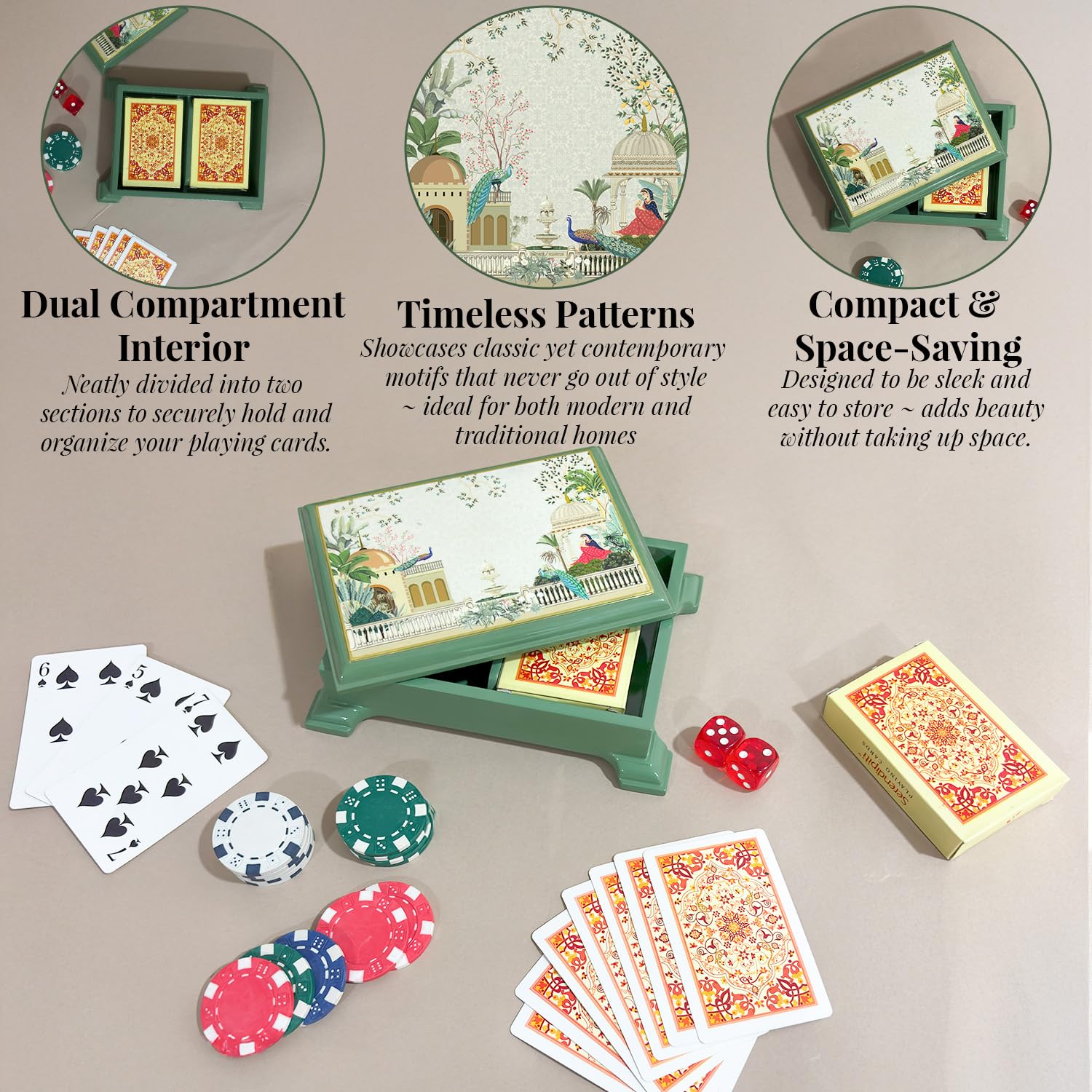 Craftslane Wooden Playing Cards Box Case Tash Holder with 2 Deck Card Organizer Box Gift Box (17.8 x 16 x 11.7 cm) (Garden Princess Playing Card Boxes) 3