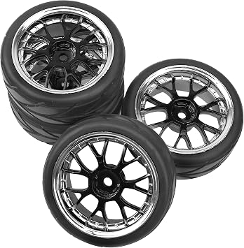 4Pcs HIRCQOO OD 2.55" 1/10 On Road Rubber Tires & 12mm Hex Hub Plastic Wheel Rims Compatible with Traxxas HSP Tamiya HPI Kyosho Redcat 1/10 On-Road Touring Car