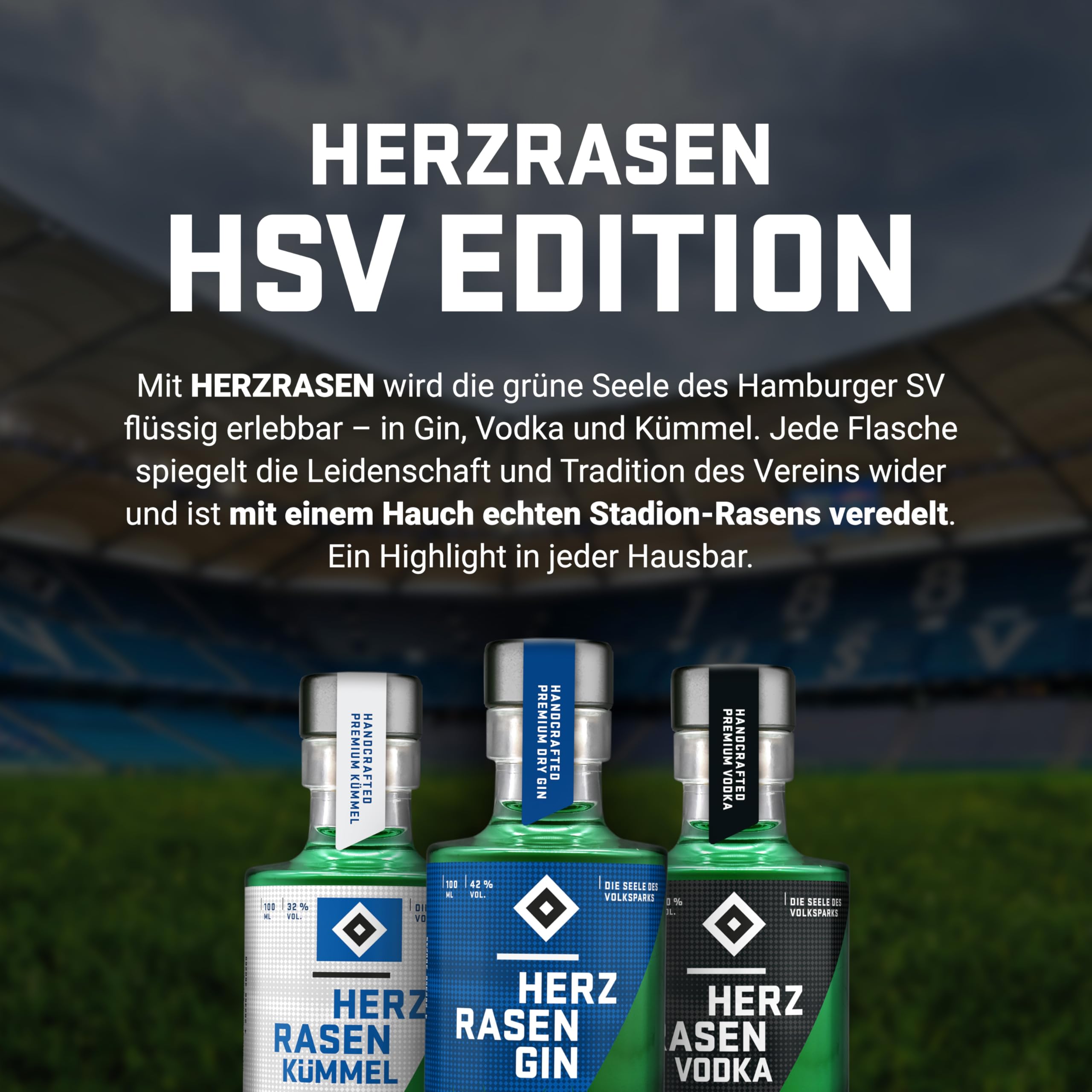 HERZRASEN HSV Geschenk Trilogie Set 3x 100 ml Gin Vodka Kümmel Hamburger Alkohol Geschenkset mit echtem Volksparkstadion Rasen - Premium Geschenke Box