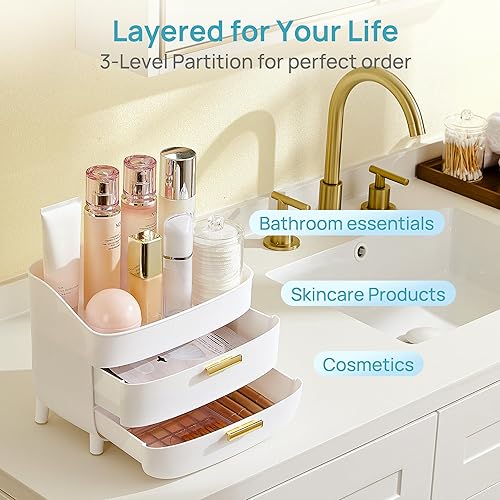 Miniatura 4 de Vtopmart - Organizador de maquillaje y cuidado de la piel de 3 niveles con cajones para tocador y encimera de baño, gran caja de almacenamiento de