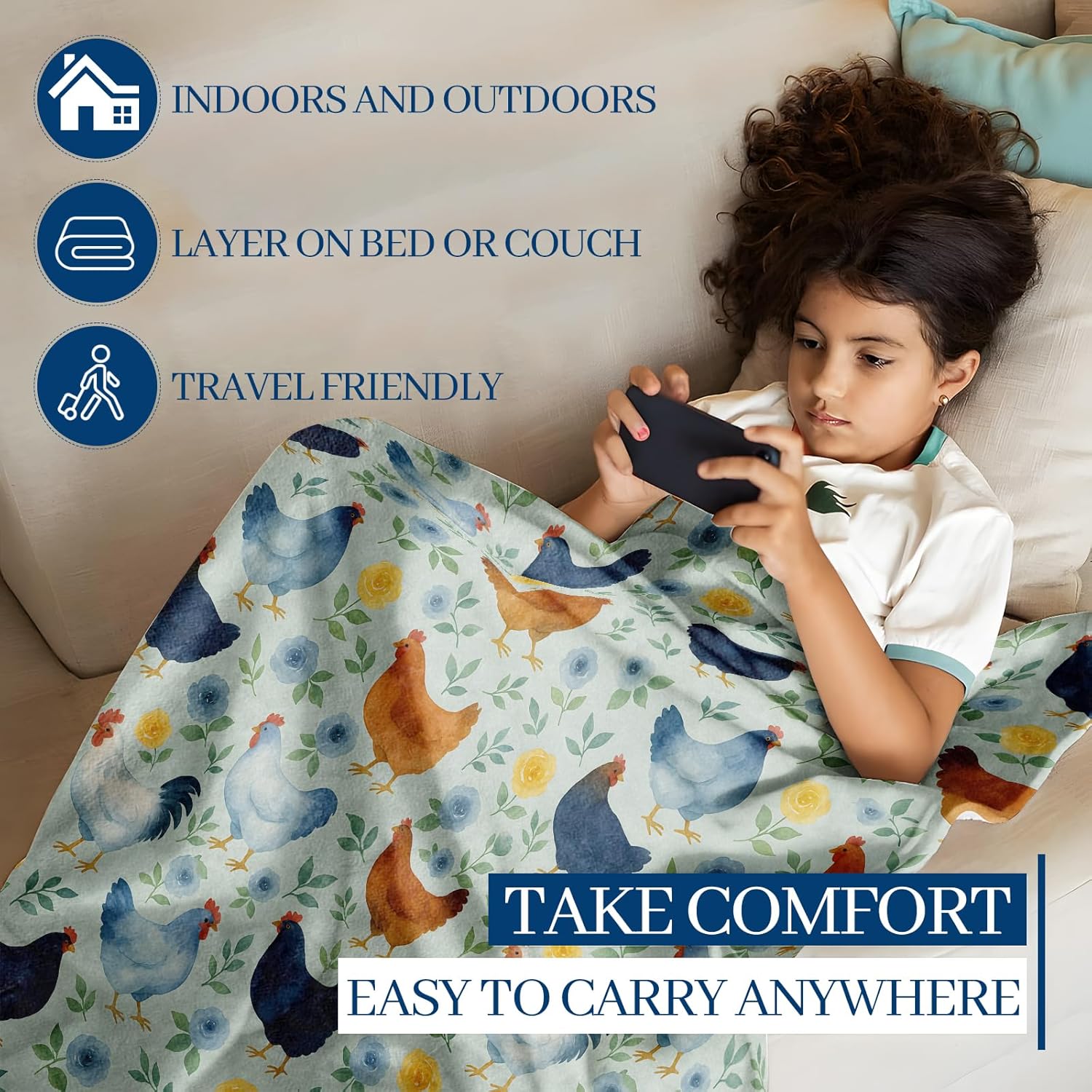 Farmhouse Chicken and Floral Blanket, 60"x50" Flannel Cozy Lightweight Watercolor Chicks Throw Blankets Gifts for Couch Bed Living Room Decor, Soft Blanket for Women Girls Kids - Image 2