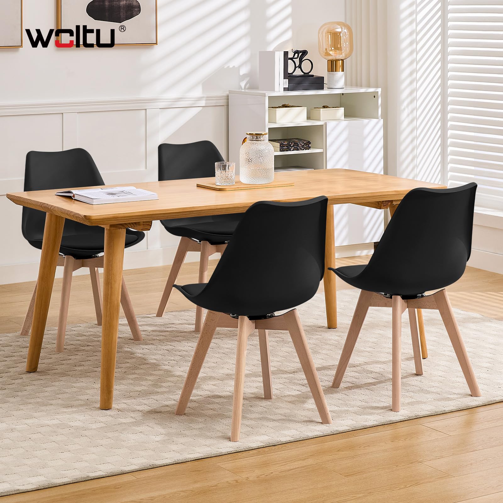 WOLTU Esszimmerstühle drehbar 2er Set, für Esszimmer, Moderne Küchenstühle, aus Massivholz Kunstleder, bis 120 kg belastbar, Schwarz