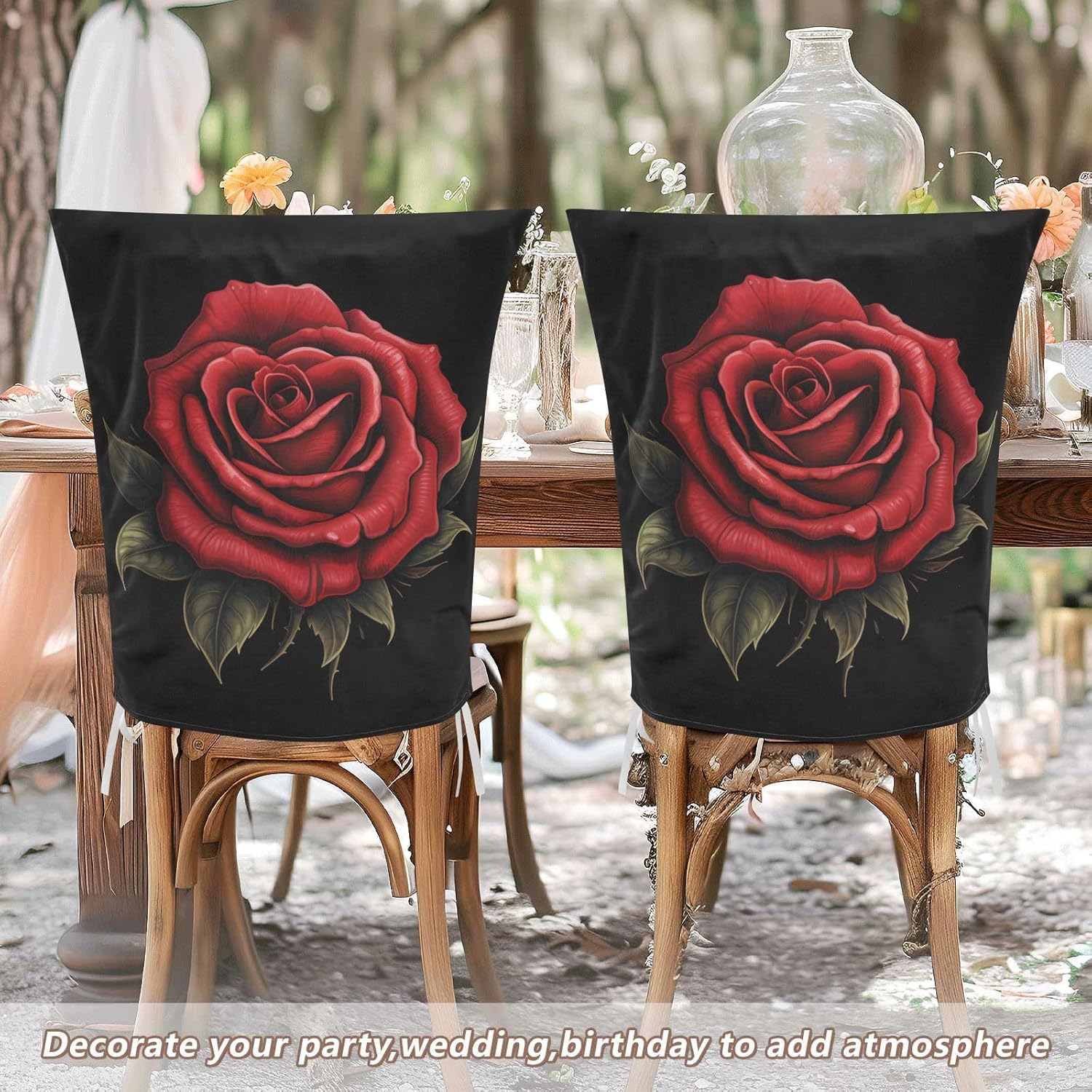 ALAZA Vintage Rose Black Chair Back Cover Set of 6, Washable Reusable Removable Chair Slipcovers Decorative Chair Cover for Home Kitchen Wedding Party