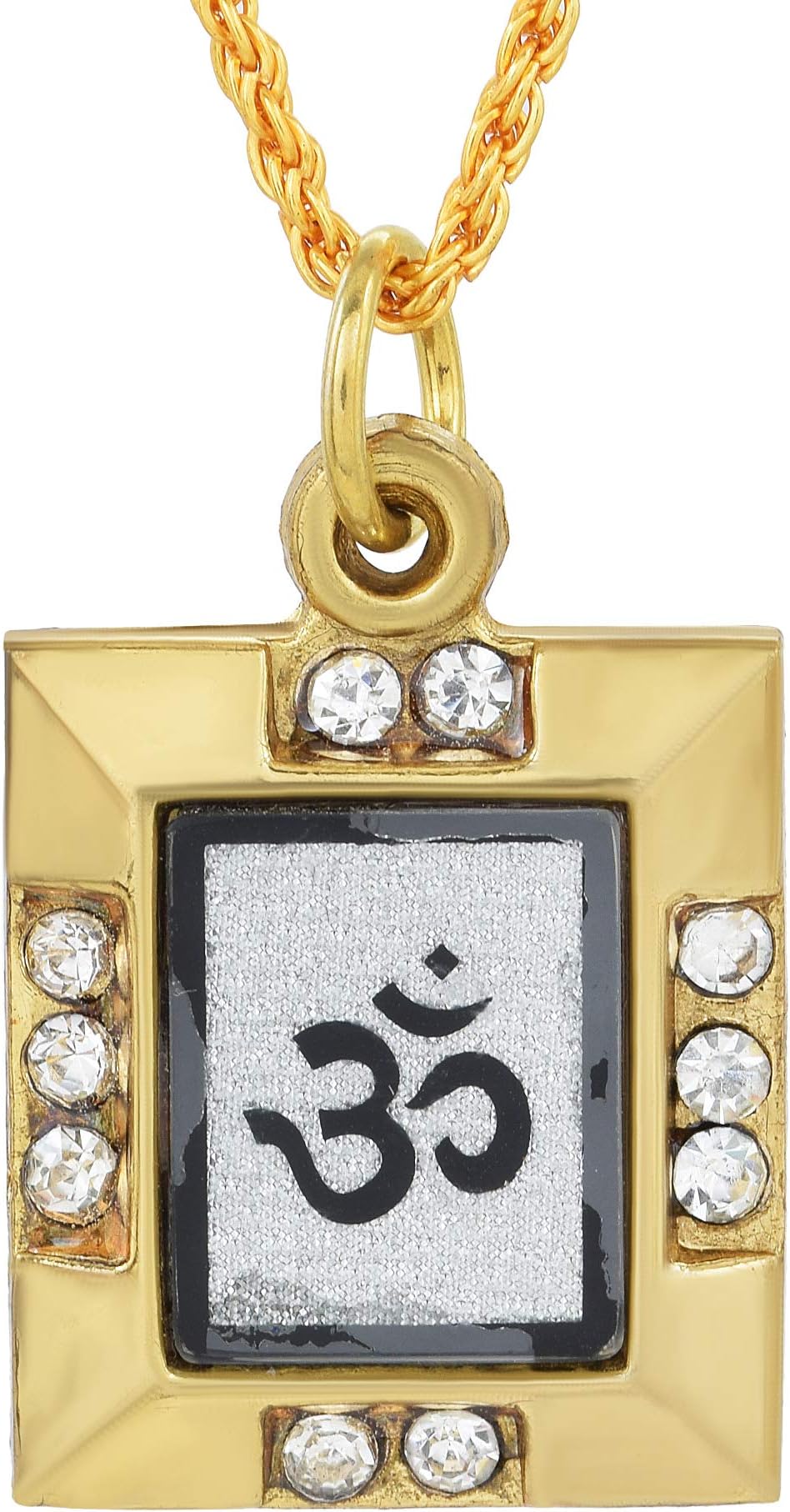 Gold Plated Hindu OM OHM Aum Symbol Square Frame CZ Studded Charms Hindu Religious Pendant Locket Hinduism Jewelry for Men and Women