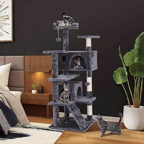Miniatura 8 de Epetlover Árbol para gatos de 54 pulgadas, torre de condominio, muebles de cama, casa de juegos para gatitos con postes rascadores, gris oscuro