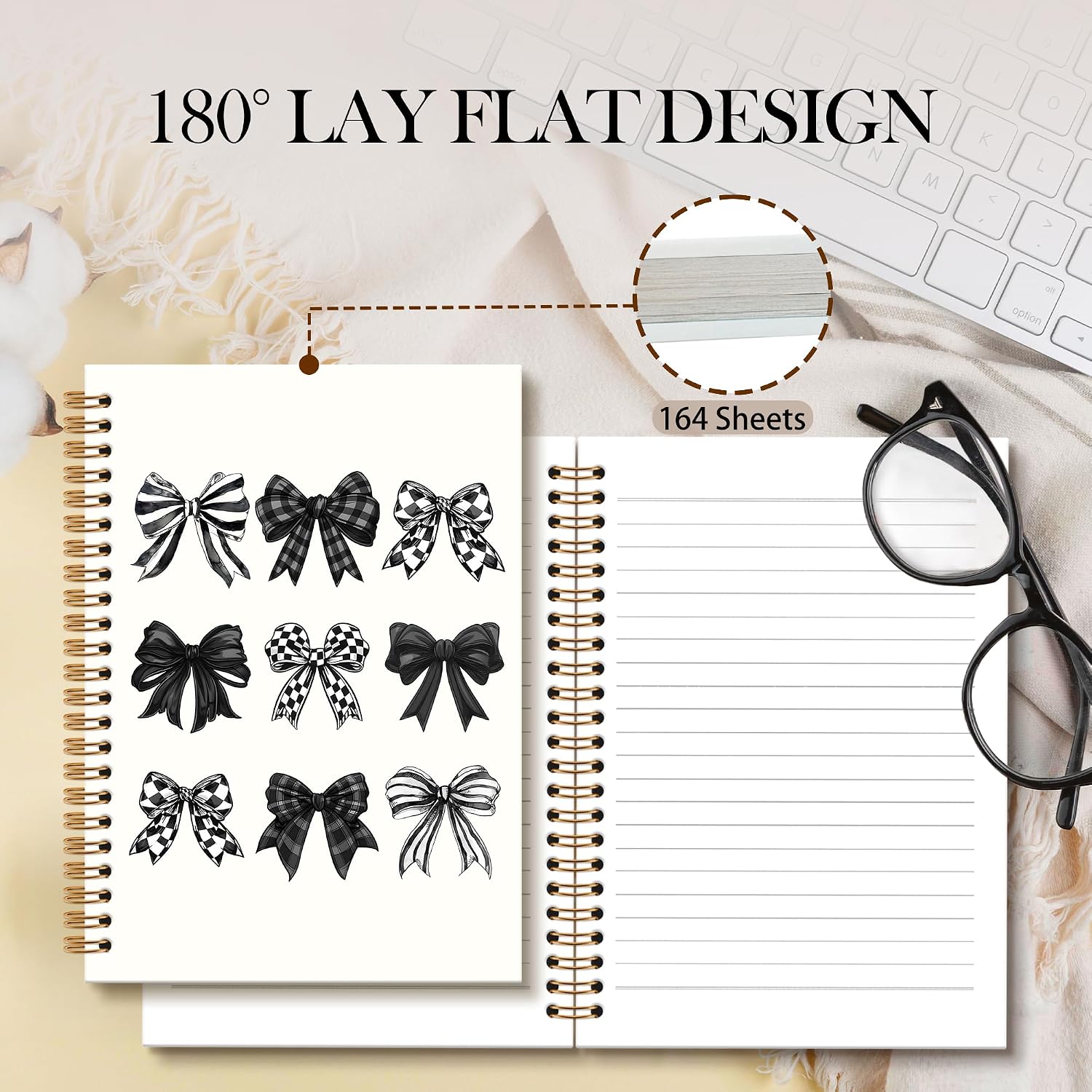 Black Bow Notebook Journal - Black and White Checkered Bow Spiral Notebook, Preppy Girly Notebooks Gifts for Women Girls, Coquette Checkered Preppy Girly School Office Supplies, 6x8.2In image 2