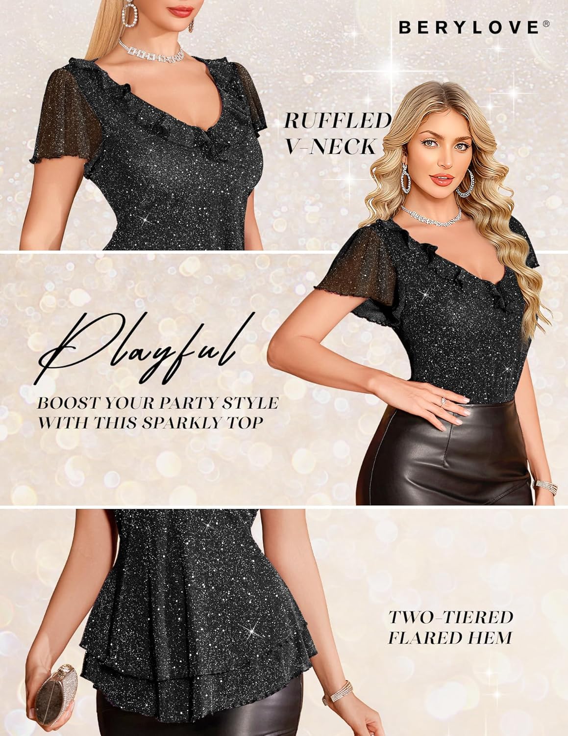Women's Sparkly Sequin Tops Short Sleeve Glitter Casual Summer V-Neck Ruffle Top - Image 5