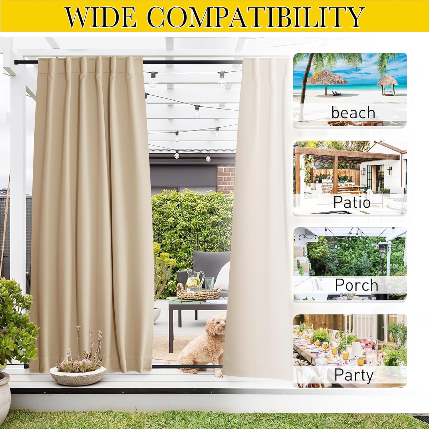 NICETOWN 2 Panels Outdoor Curtains for Patio Waterproof, Top & Bottom Fixed Waterproof Outdoor Drapes with Free Rope, Privacy Sun Blocking Shades for Gazebo, Pergolas, Biscotti Beige, W52 x L84 - Image 8