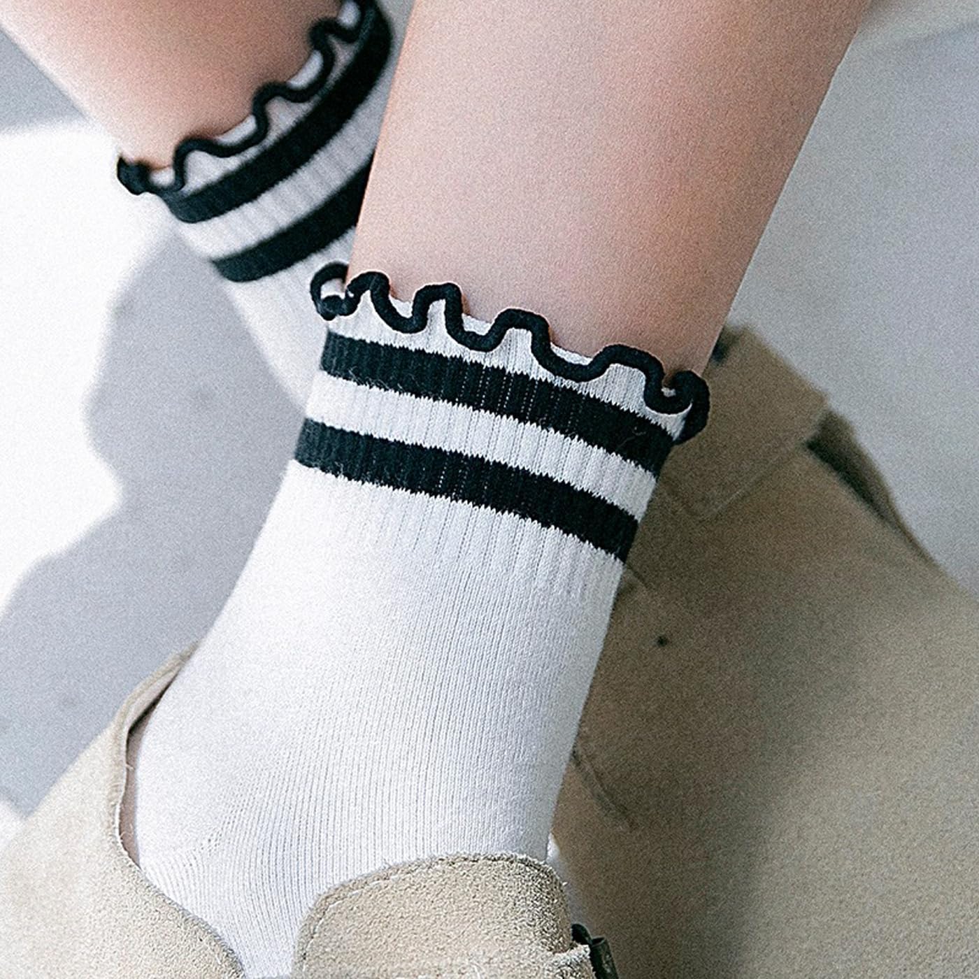 CHUNFO Womens Striped Ruffle Ribbed Crew Frilly Socks Cute Dot Athlete Ankle Cotton Casual Sock Size5-9 - Image 6