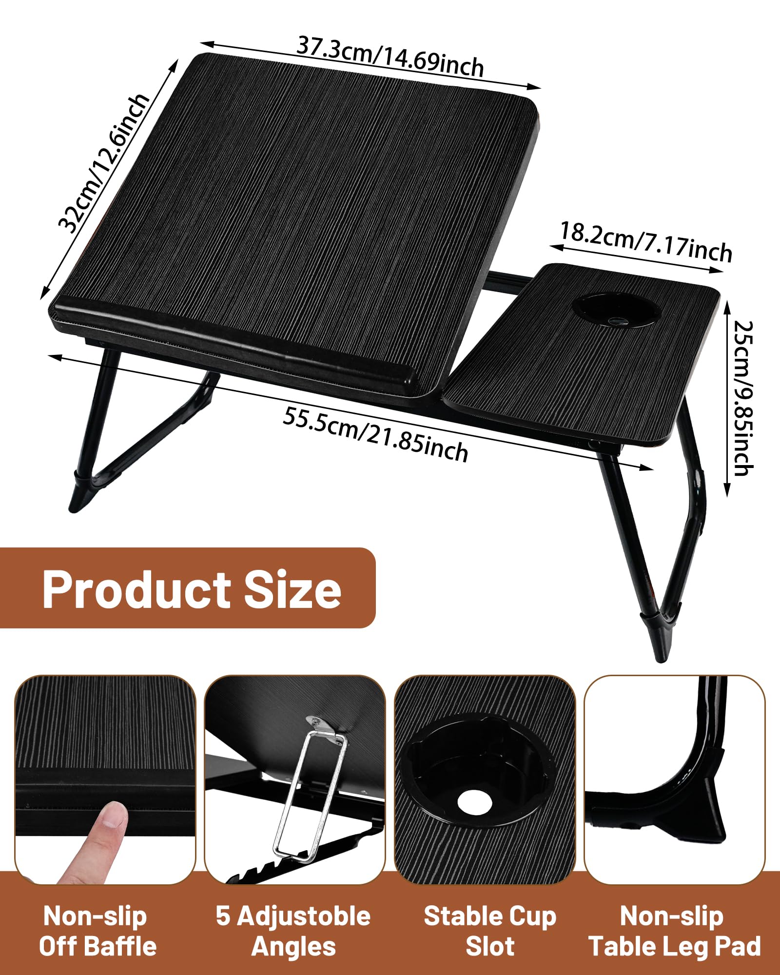 Tavolo Pieghevole da Letto 55.5x32x25cm Vassoio Portata con Leggio Portabicchieri 5 Posizioni Inclinazione Supporto PC 15.6" 20kg Nero
