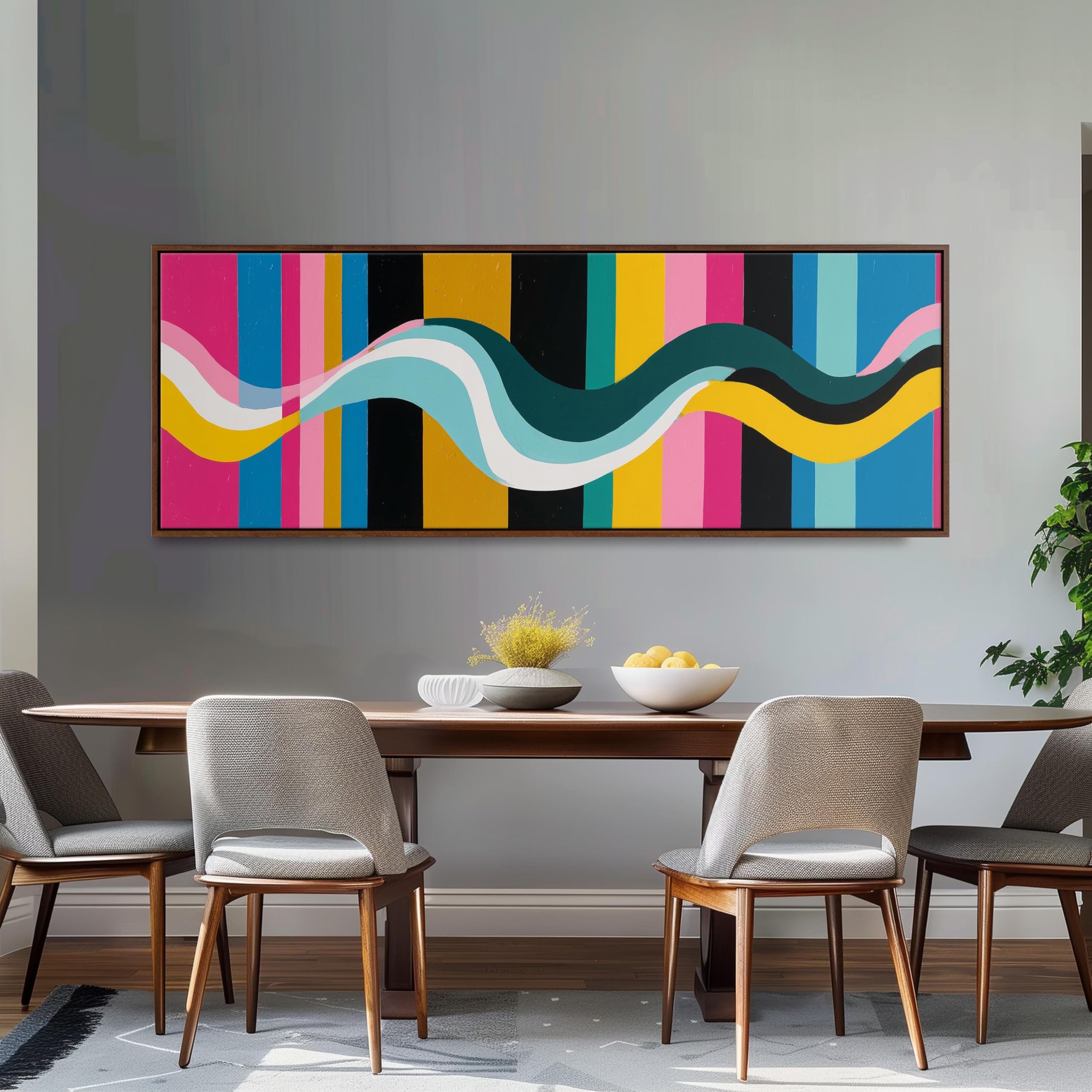 XINBAO Obraz falowy, duże panoramiczne płótno, duże oprawione dzieło sztuki, kolorowe paski, wystrój retro, dekoracja ścienna do salonu (60 x 180 cm/wewnętrzna rama)