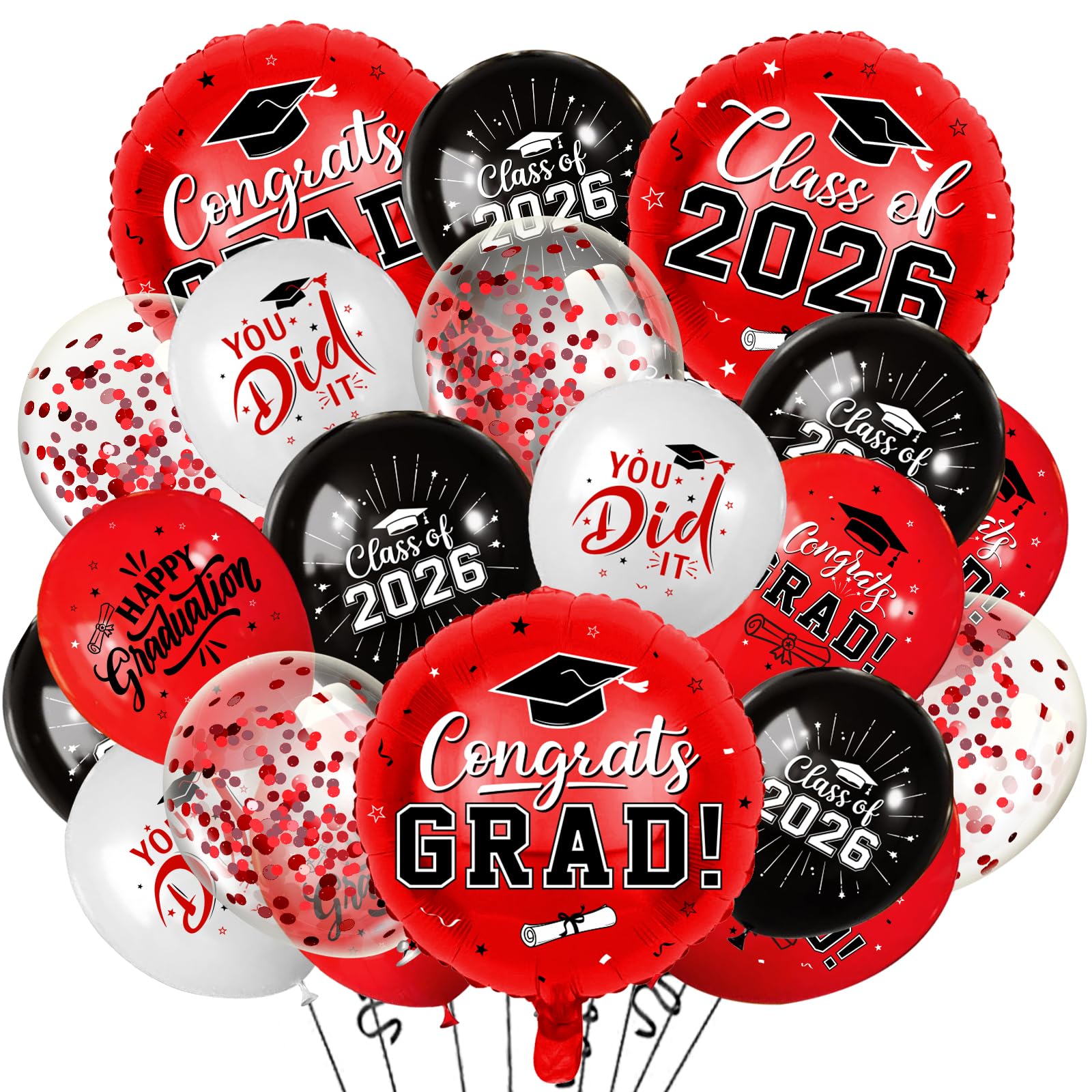 Red and Black Graduation Balloons Graduation Decorations 2026, 51Pcs Grad Latex Balloons and Grad Foil Balloon with Confetti Ribbons Grad Party Decorations for College High School