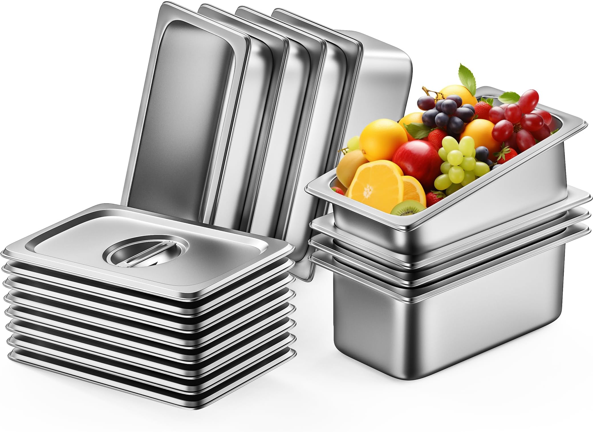 ZeroPone 8 Pack Hotel Pans with Lids, 1/3 Size 6" Deep Stainless Steel Steam Table Pan 22 Gauge Anti Jam Commercial Food Pans for Hotel, Party, Buffet, Catering Supplies