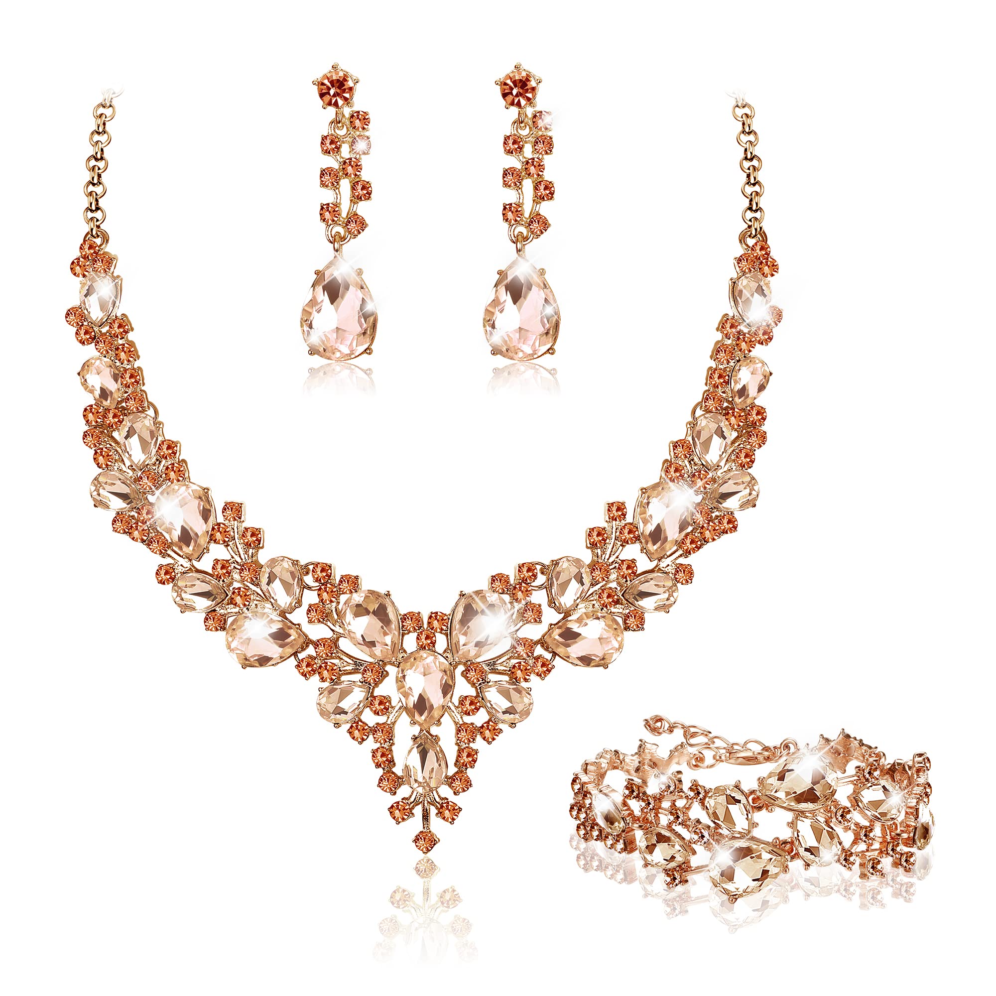 JeweBella Conjuntos de Joyas para Mujer Cristal Novia Collar Vintage Boda Pendientes Colgantes y Pulsera Compromiso Boda Novia Dama Honor de Regalo Dirndl Joyería