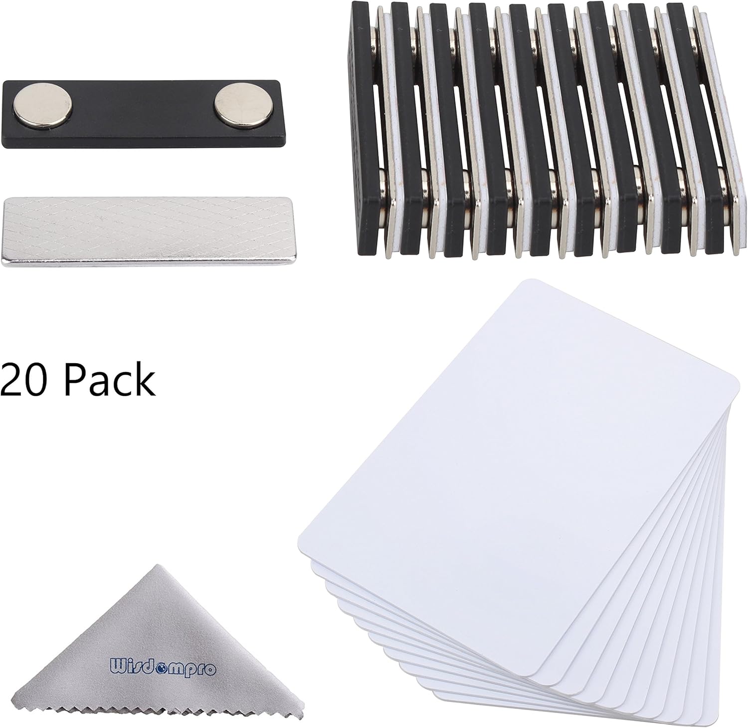DIY Name Badges, Wisdompro 20 Set White Printable Blank PVC Badges (3.38 x 2.13 Inch) with Magnetic Name Tag for Jacket, Lapel,or Shirt - No Holes in Your Fine Jackets or Shirts