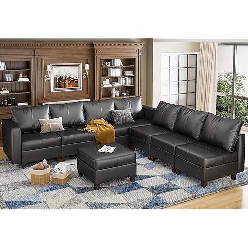 EASE MOOSE Modular Sectional Sofa with Storage Ottomans, L Shape Faux Leather Sectional, Leather Couches for Living Room, Black