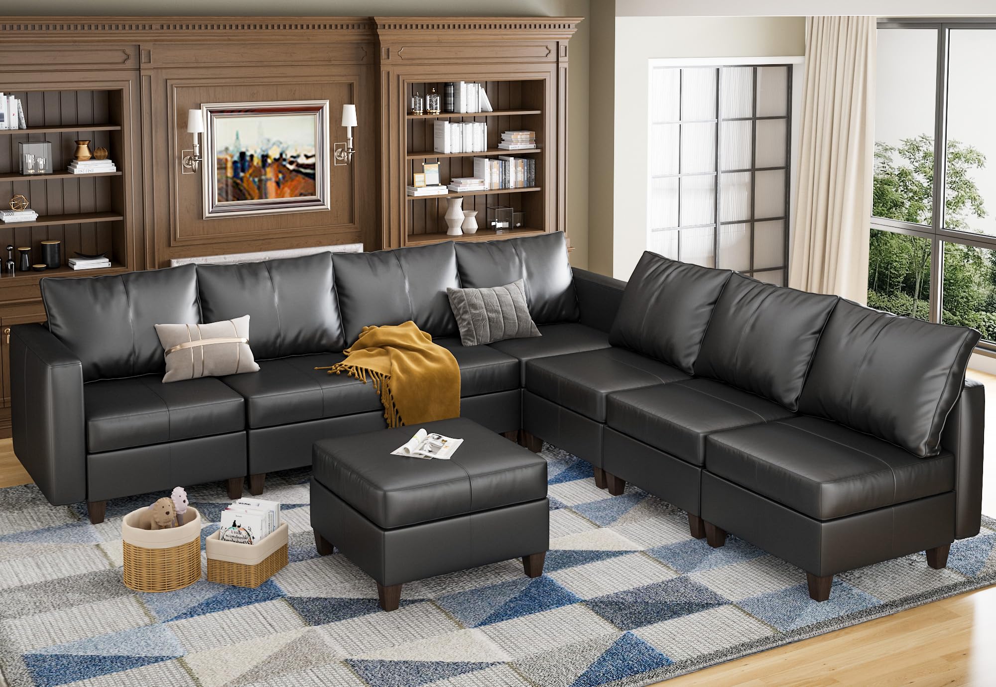 EASE MOOSE Modular Sectional Sofa with Storage Ottomans, L Shape Faux Leather Sectional, Leather Couches for Living Room, Black