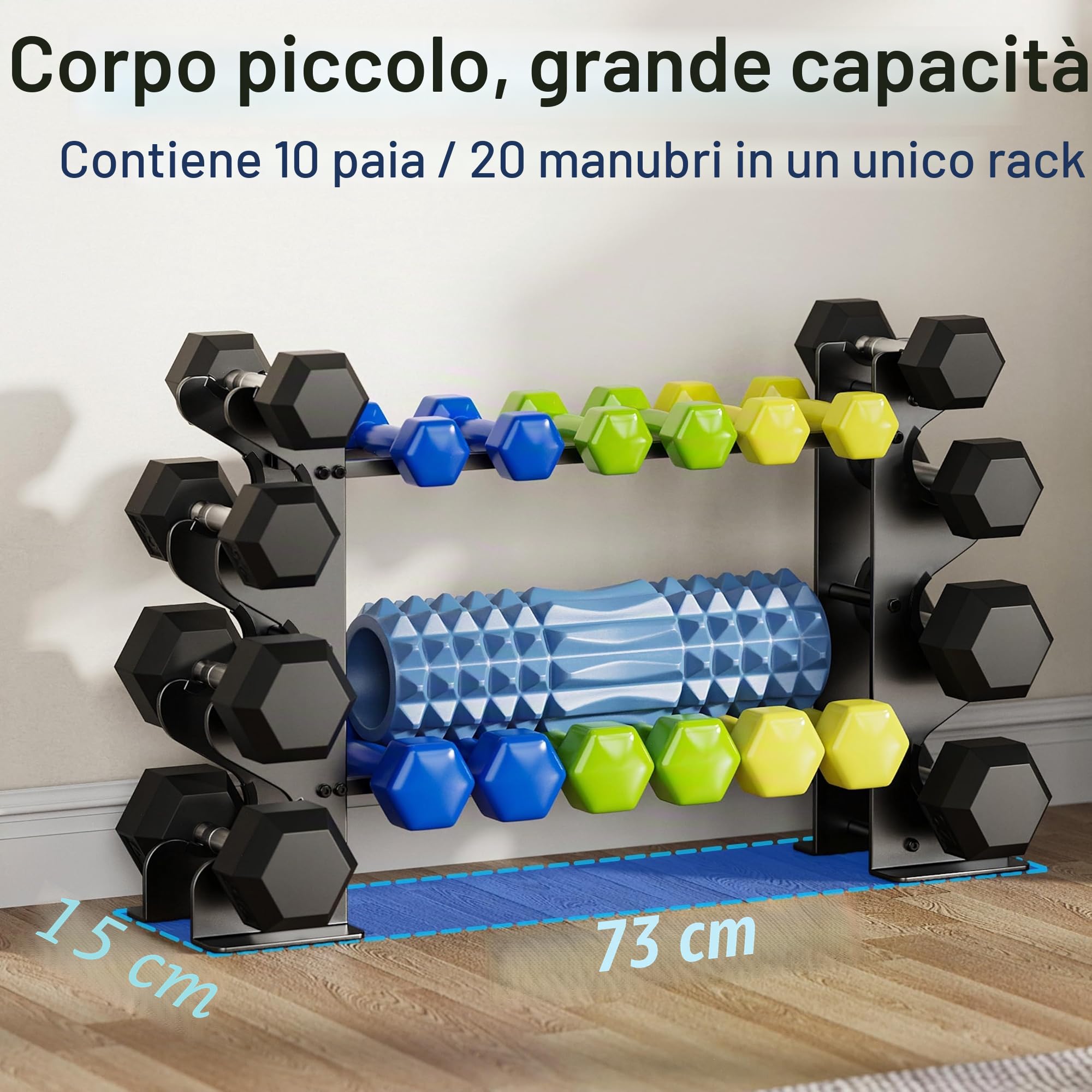 Supporto per manubri a 4 livelli per palestra domestica, compatto per manubri, pesi liberi, scaffale in acciaio resistente per manubri in neoprene e esagonali (gommini non inclusi)