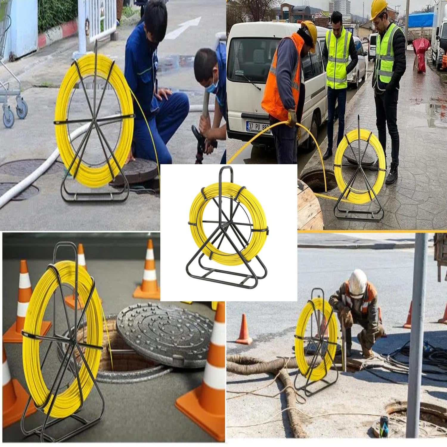 Guía de Fibra de Vidrio Fish Tape Cable de fibra de vidrio Cable Eléctrico de Fibra de Vidrio100m Ø6mm Conducto Cable Rodder Fibra de Vidrio Cable Rod Extractor con Jaula y Soporte