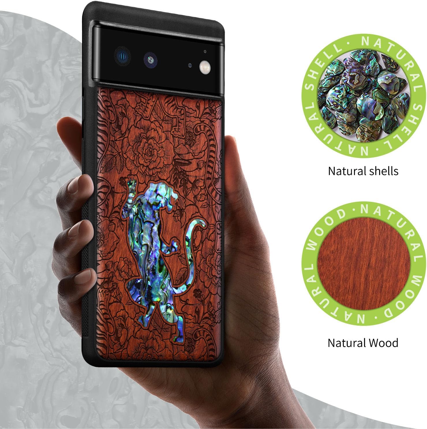 Carveit Designer Wooden Case for Google Pixel 6 Case Protective Cover [Wood Engraving & Shell Inlay] Compatible with Wireless Chargers Pixel 6 (A Tiger Amidst Flowers-Rosy)