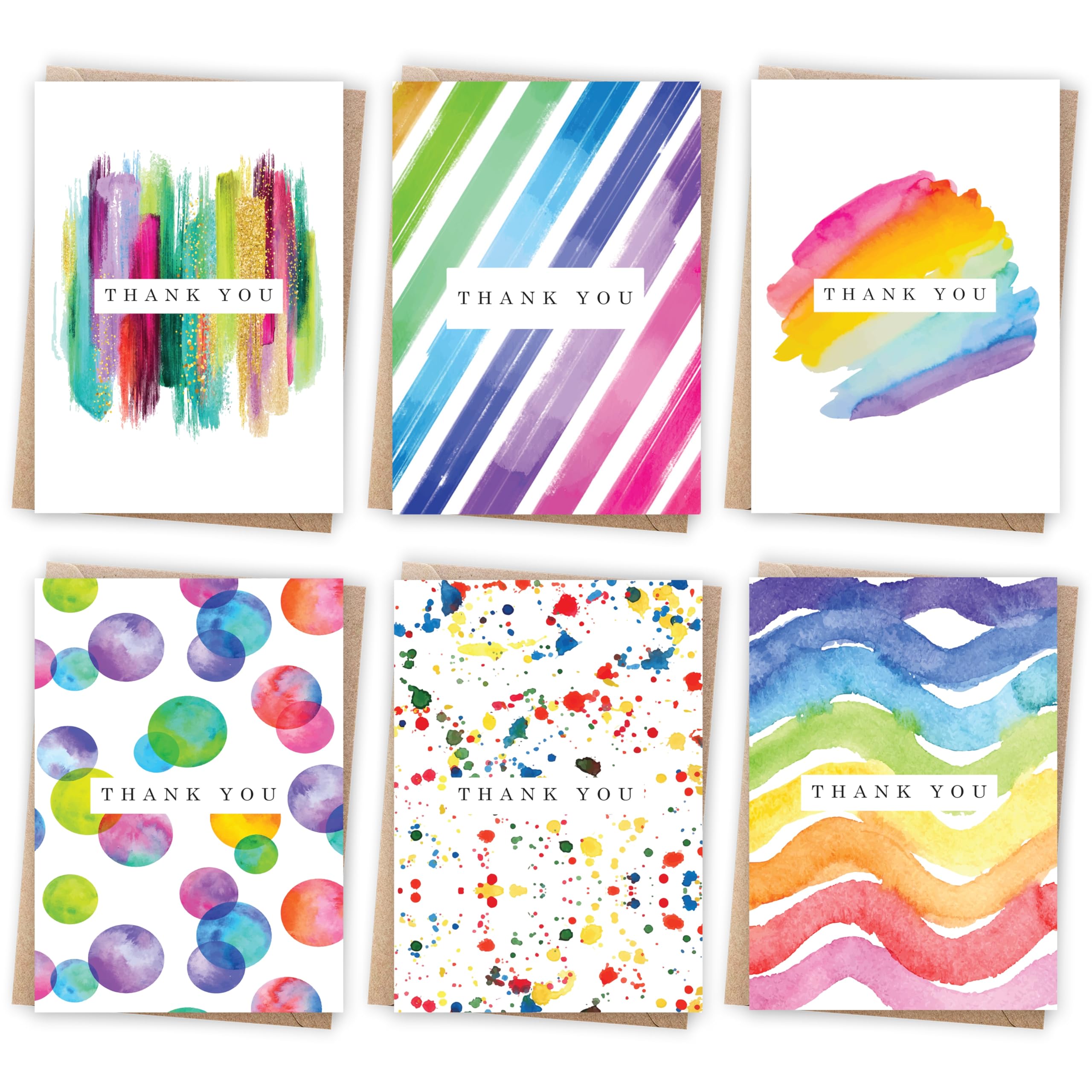 Thank you Cards Multipack of 24 with Envelopes. 6 Watercolour designs. 10 x 15cm. Blank Inside for Teachers, Weddings, Kids. Made in the UK