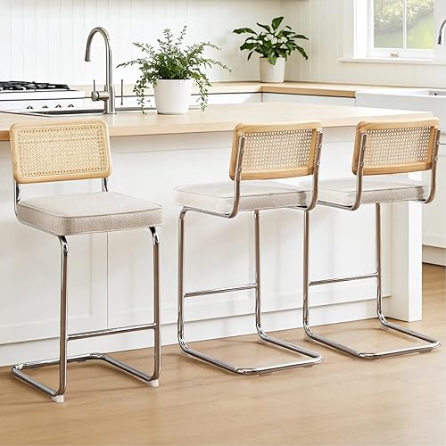 Miniatura 25 de Zesthouse Juego de 2 taburetes de bar de ratán natural, 26 pulgadas, modernas, bohemias, de altura de mostrador, con respaldo de madera maciza,