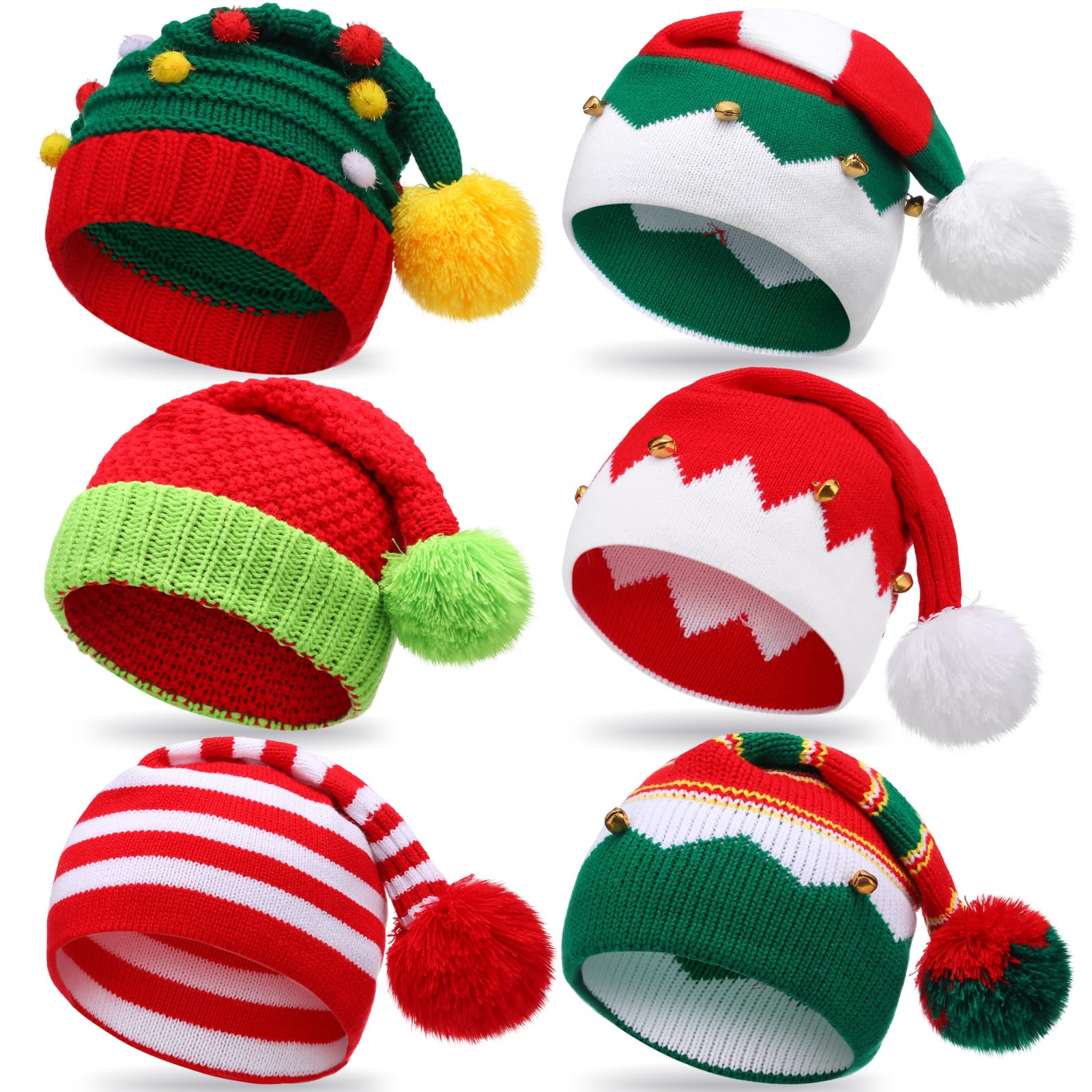 Liitrsh Weihnachtsmütze, gestrickt, Weihnachtsmannmütze, Winter, gestrickt, gestreift, Elfenmütze für Erwachsene, warme Schneemützen und Mützen für den Urlaub, 6 Stück