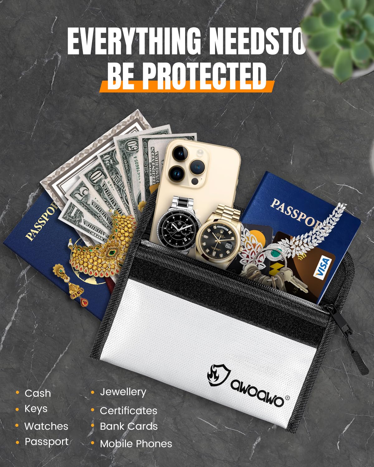 Bolsa Antifuego para Dinero 20 x 13 cm - Documentos Ignífuga con Aislamiento Térmico y Tiras Reflectantes para Objetos de Valor,Pasaporte, Factura - Plata