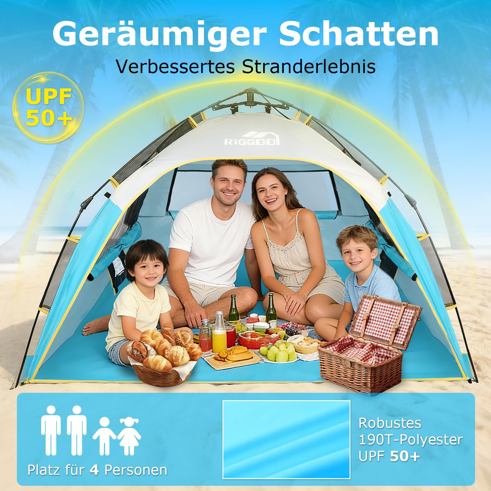 Tente de plage automatique avec protection UV 50+, 210 x 150 x 130 cm, pour 4 personnes, montage rapide en quelques secondes, petite taille une fois repliée, imperméable, coupe-vent, protection