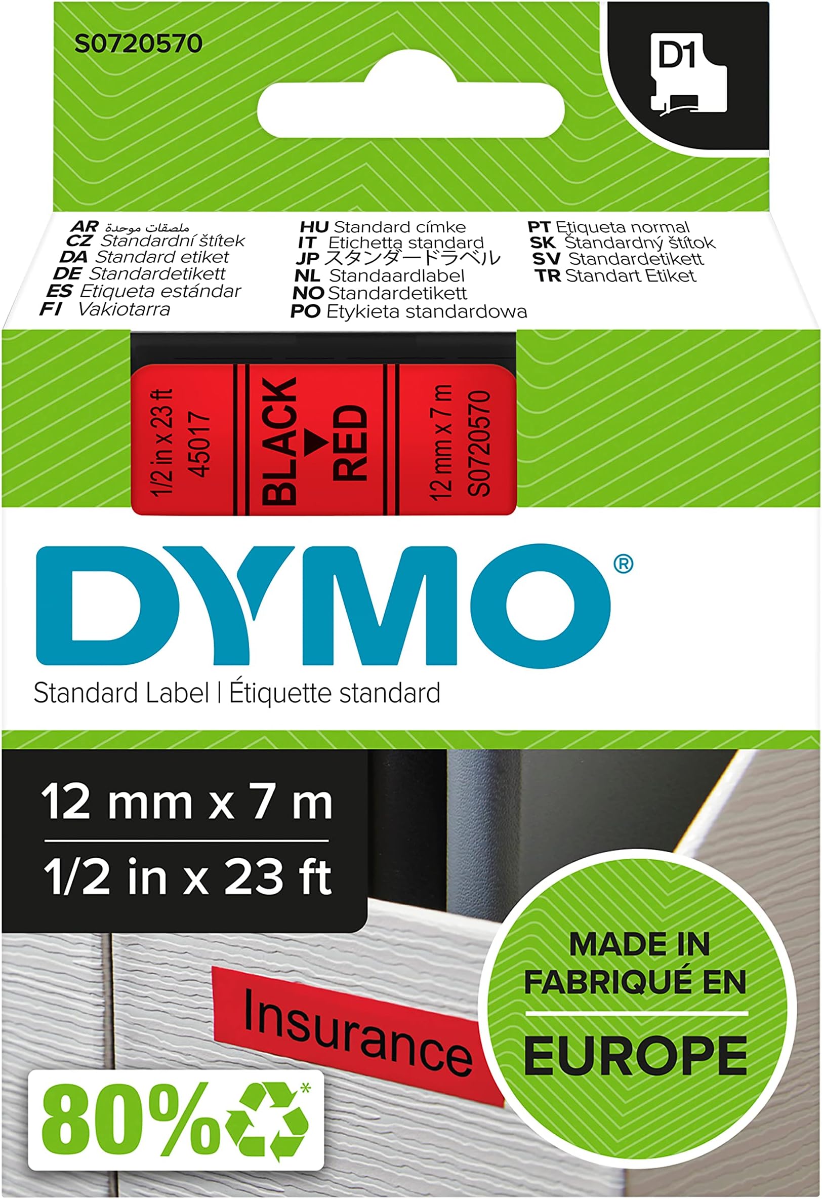 DYMO Authentic D1 Labels | Black Print on Red Tape | 12 mm x 7 m | Self-Adhesive Labels for LabelManager Label Makers | Made in Europe