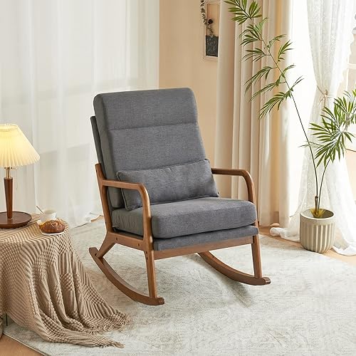 Mecedora moderna para guardería, silla mecedora tapizada con respaldo alto, cómoda silla con brazo decorativo con almohada, mecedora de madera para