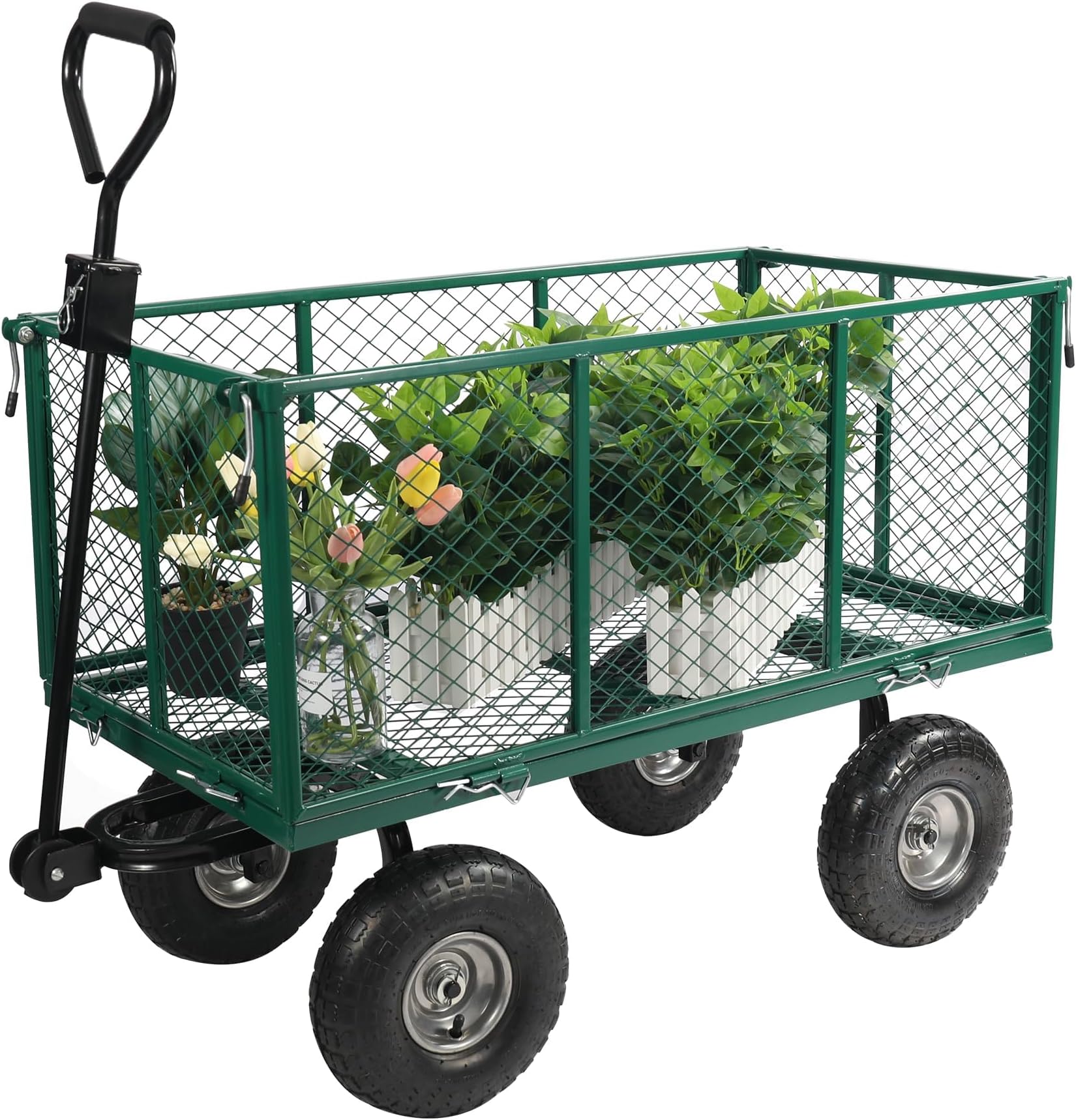 – Oversized Garden Carts Wagon, 650 Lbs Capacity Heavy Duty Pullable Gardening Cart Flatbed with Wheels and Removable Sides with Cart Liner, Green
