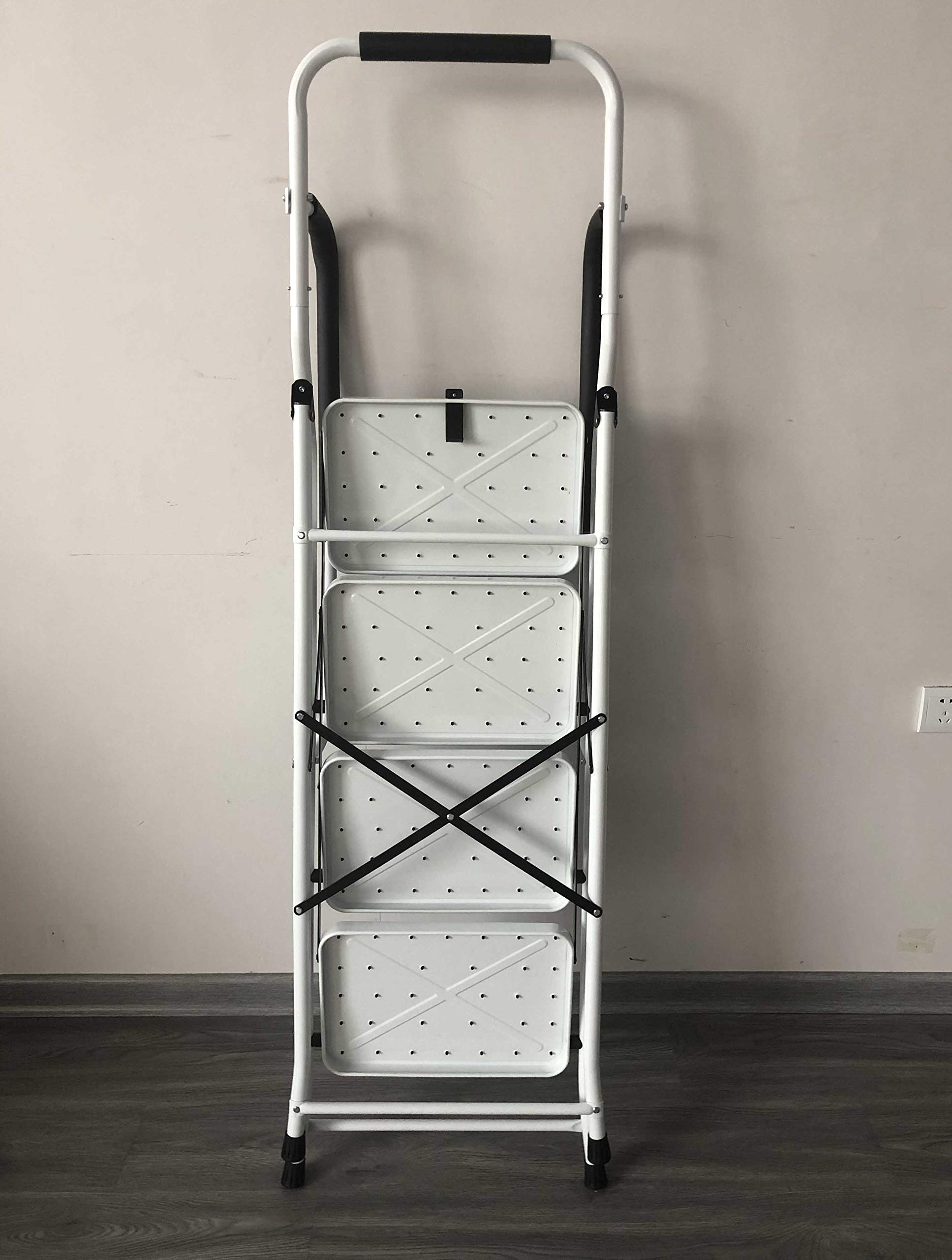 Escabeau 4 Marches Pliant avec Rampe de Sécurité Pliable avec Marche Antidérapante Mate Très Résistante Charge Maximale 150kg