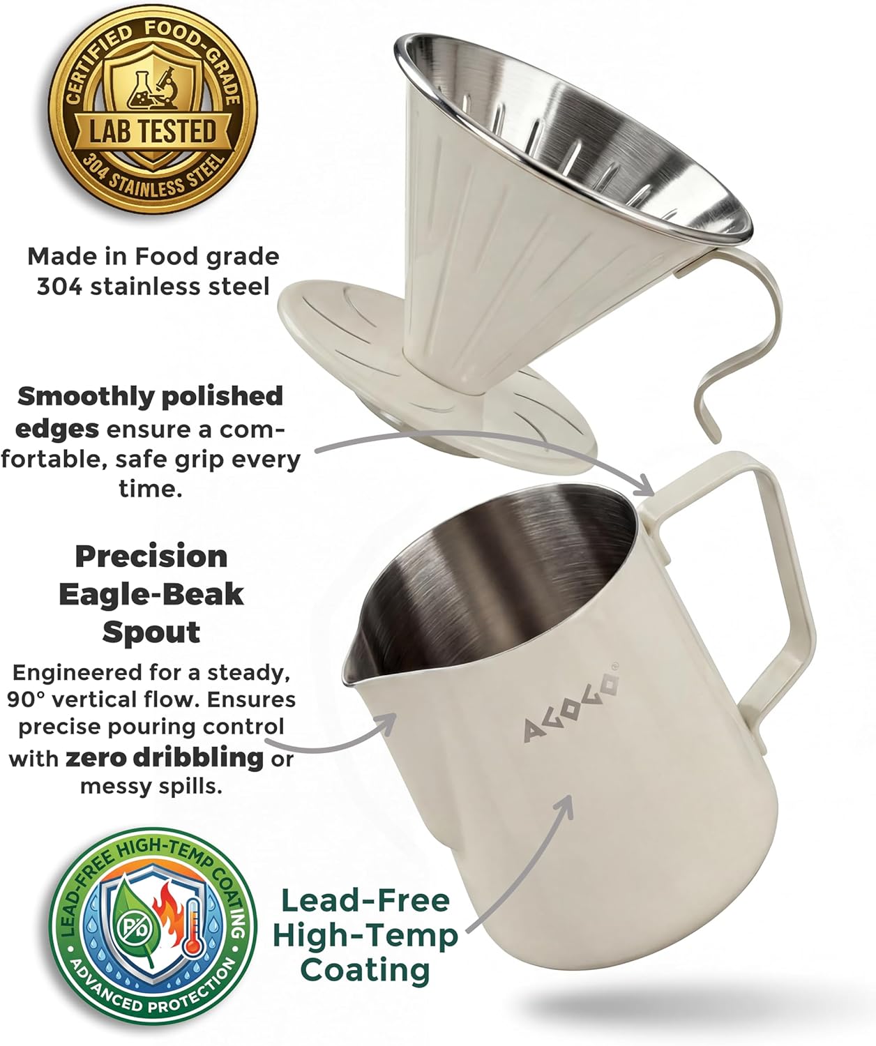 AGOGO Portable Pour Over Coffee Maker V60 Set - Easy Cleaning Compact 304 Stainless Steel Dripper for Camping & 50 Filters Paper & Barista Towel Cream 30oz/900ml