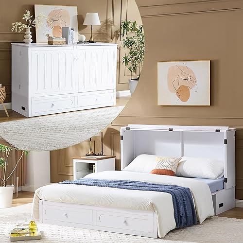 Murphy Bed Queen,Pine Wood Murphy Bed Cabinet Queen Size withTri-Folding Mattress,Storage Drawer & USB Charging Station for Living Room Apartment (White 3#)