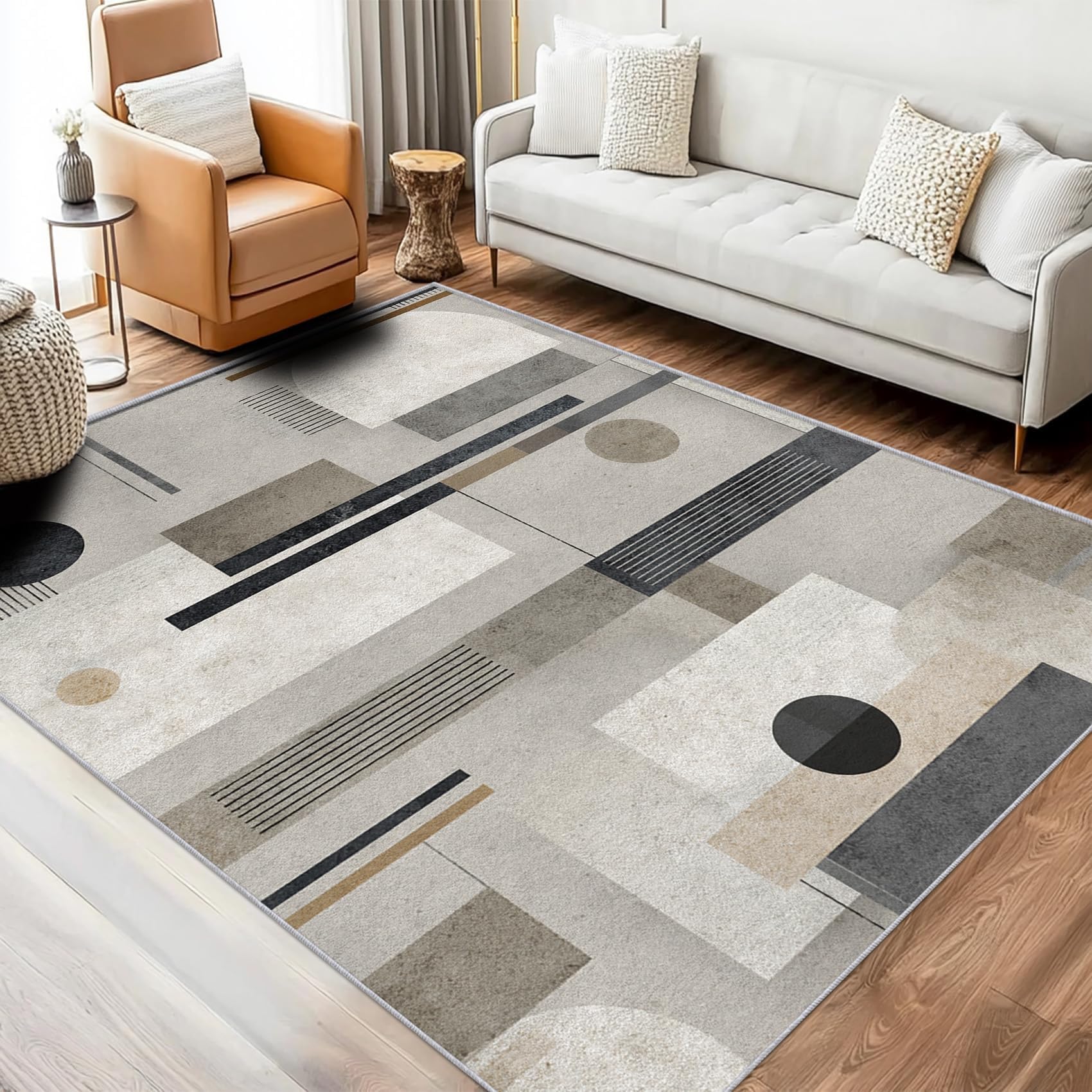 Tapis 180x280 cm Motif géométrique Abstrait Noir et Gris, Style Moderne Milieu du siècle, Grand antidérapant et Lavable pour la décoration de Chambre