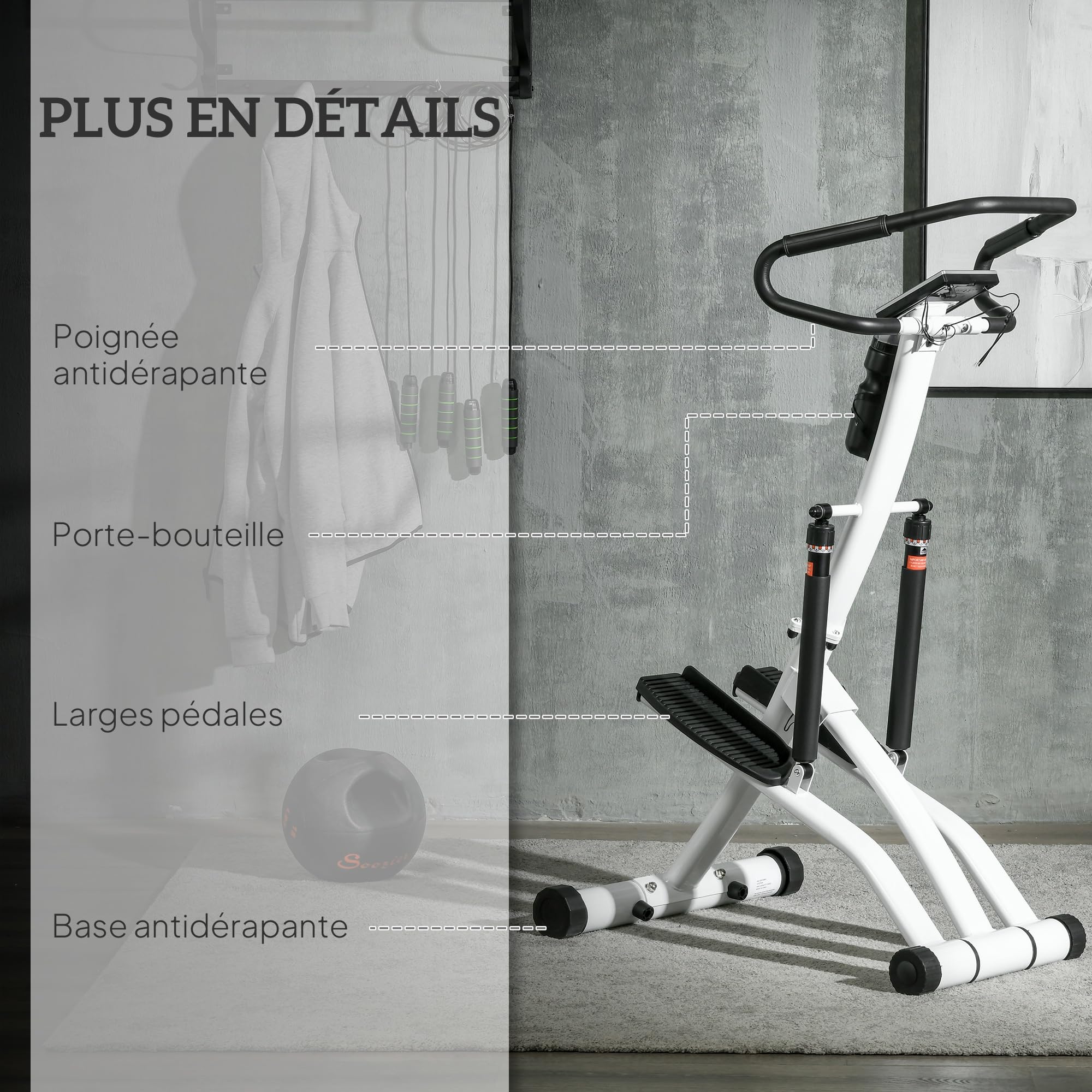 SPORTNOW Stepper avec Guidon, Stepper de Fitness Pliable 12 Niveaux de résistance réglables séparément, écran LCD, Porte-Bouteille, 2 Roues, Marche d'escalier pédales antidérapantes, Blanc et Noir