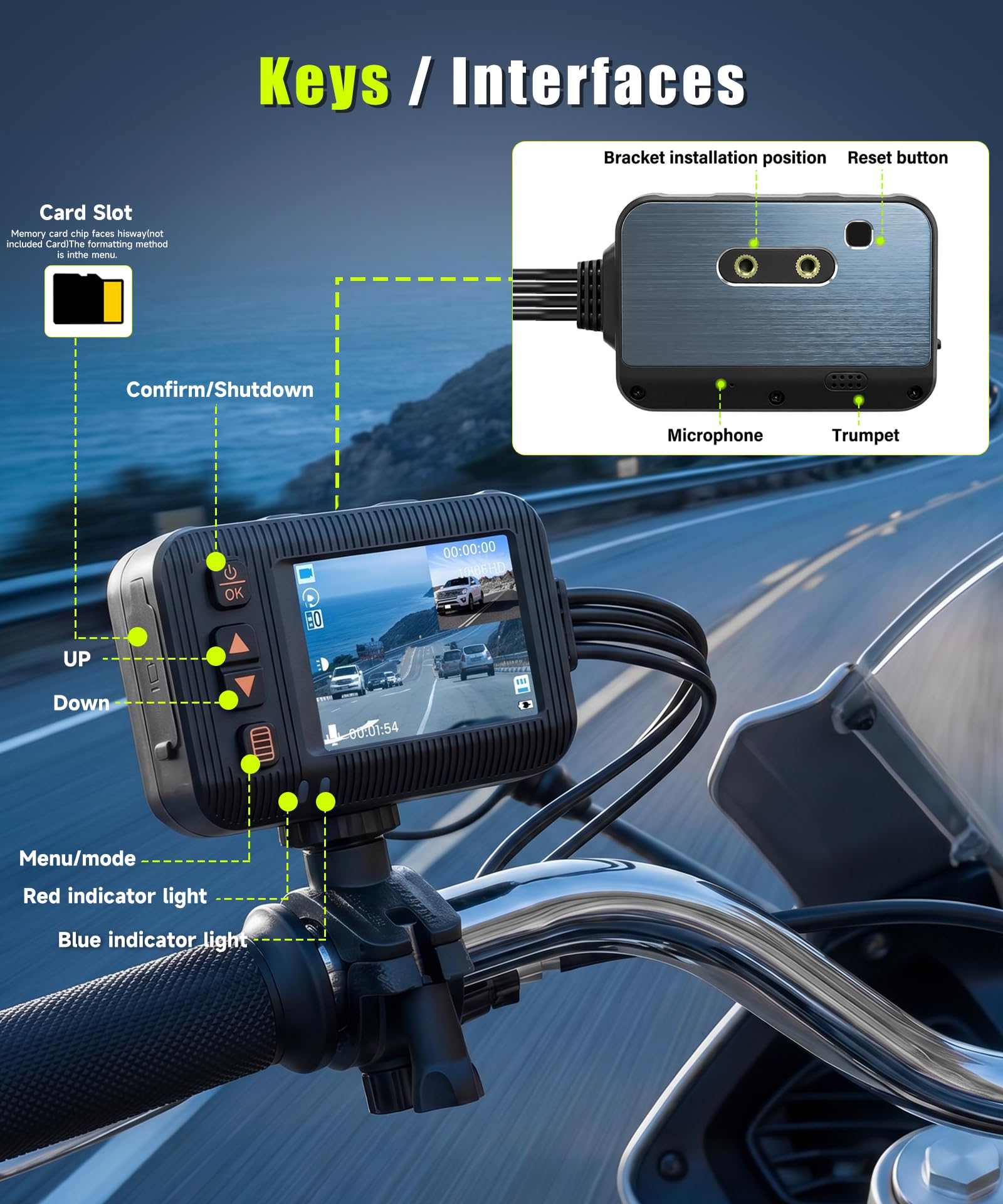 Rimoody Dashcam per Moto 1080P con Due Telecamere, 2" Schermo, Telecamera a Doppia Lente Anteriore e Posteriore, IP67 Impermeabile, Visione Notturna, G-Sensor, Loop Video, Monitoraggio di Parcheggio