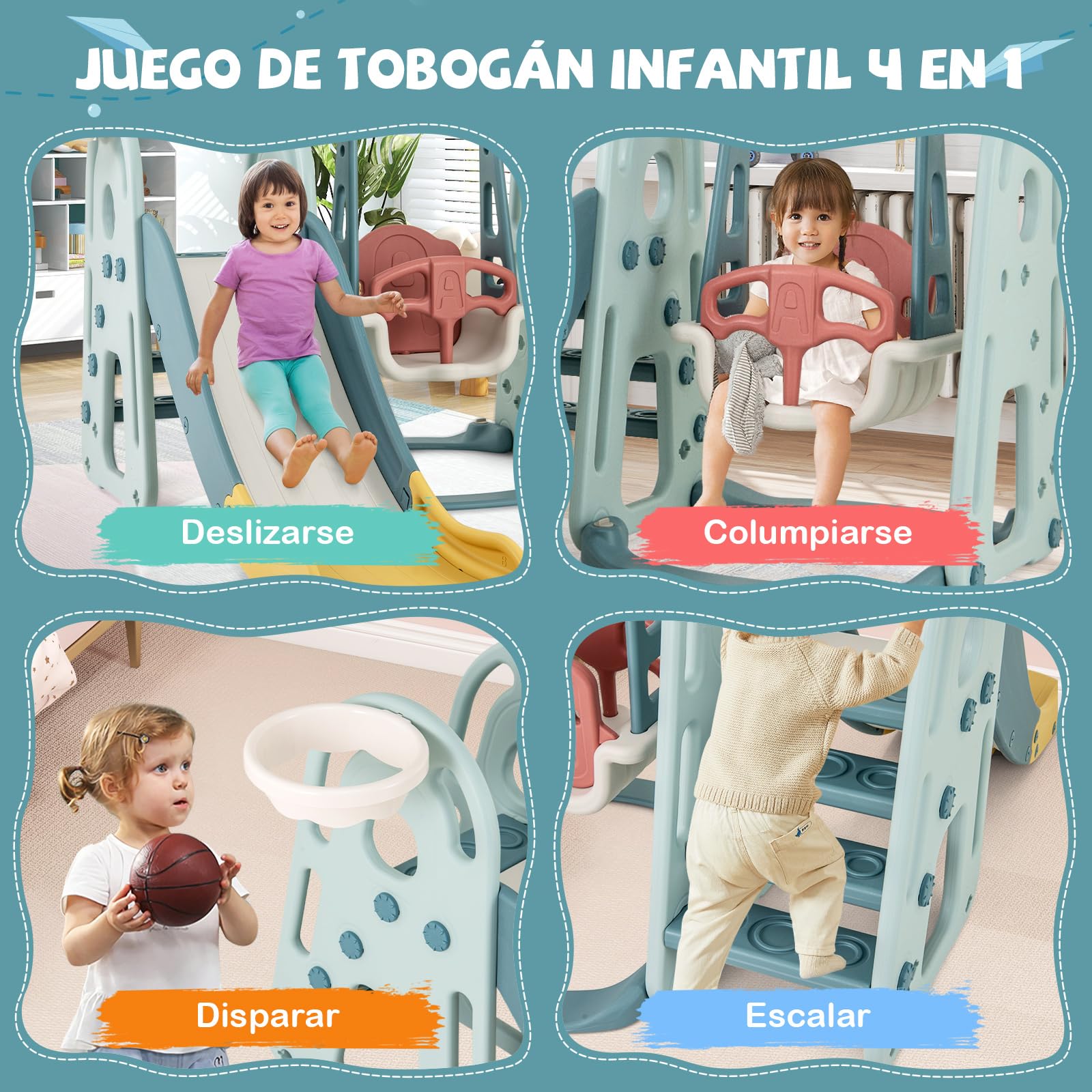 COSTWAY Toboganes Infantiles con Columpio 4 en 1, Tobogán y Columpio para Niños con Aro de Baloncesto y Escalador, Parque Infantil Interior para Niños de 18+ Meses