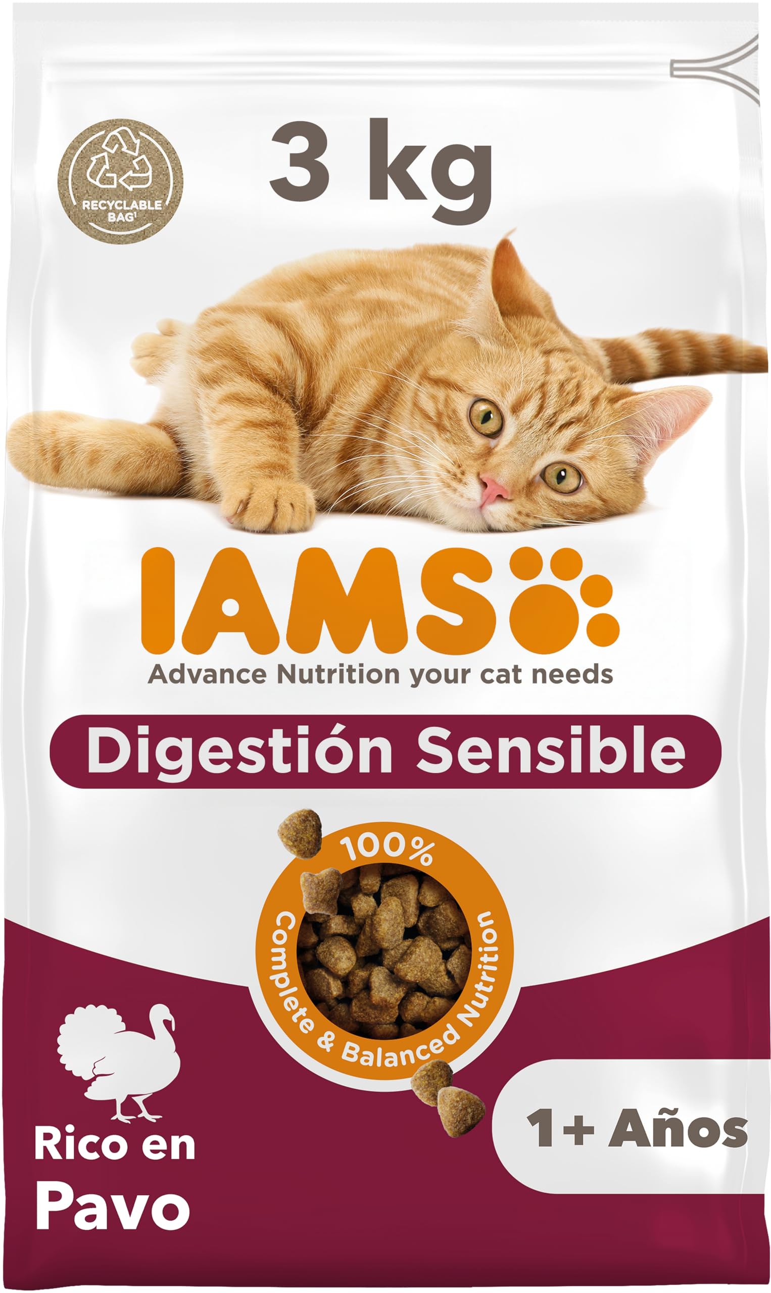 IAMS Alimento seco para gatos con digestión sensible - comida seca para gatos adultos de más de 1 año rico en pavo, 3 kg