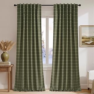 NICETOWN 2 Panels 100% Linen Blackout Plaid Curtains 84 Inches Long for ...