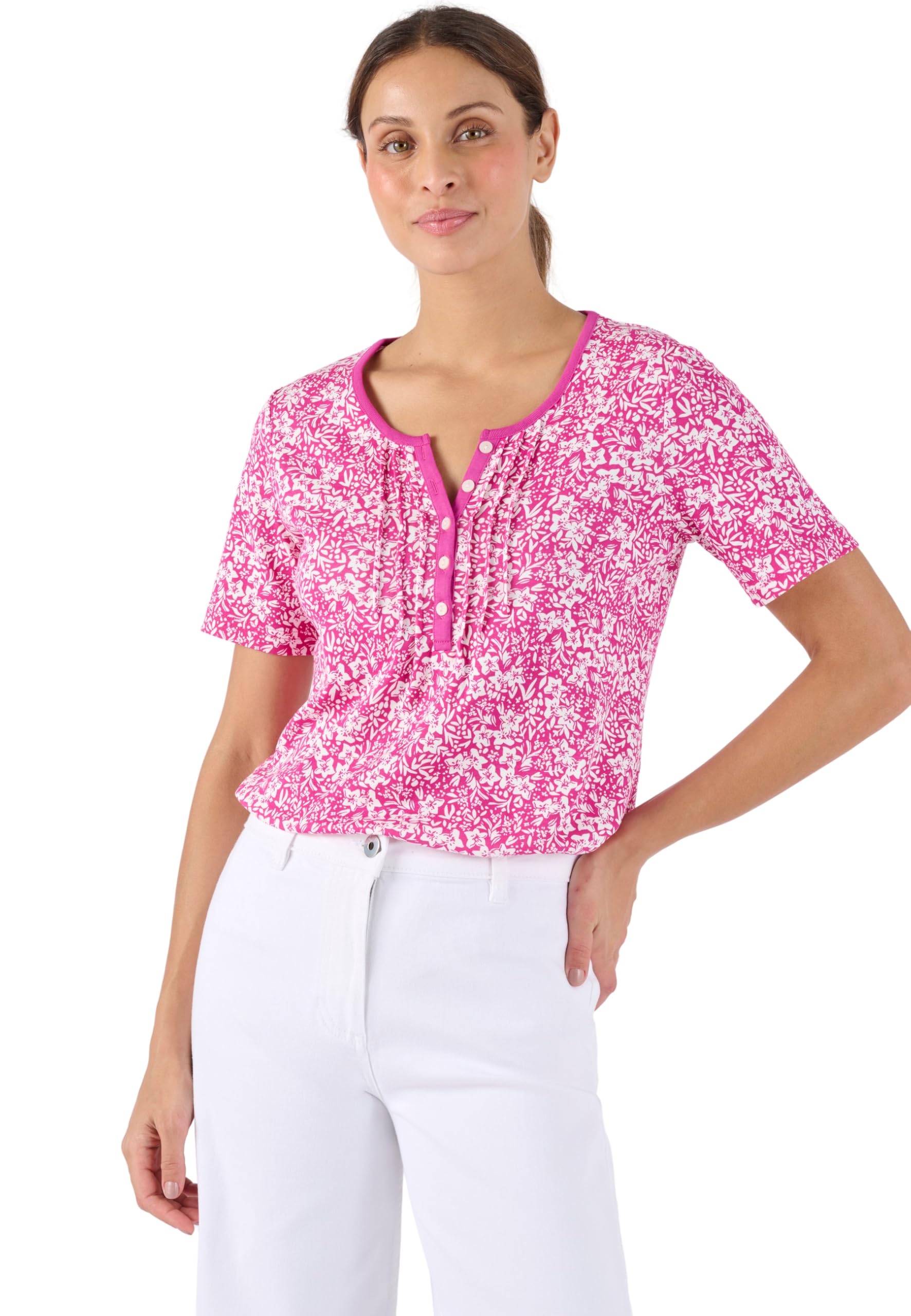 Damart - Pure Cotton Pleat Detail T-Shirt, Pink Floral, 22/24