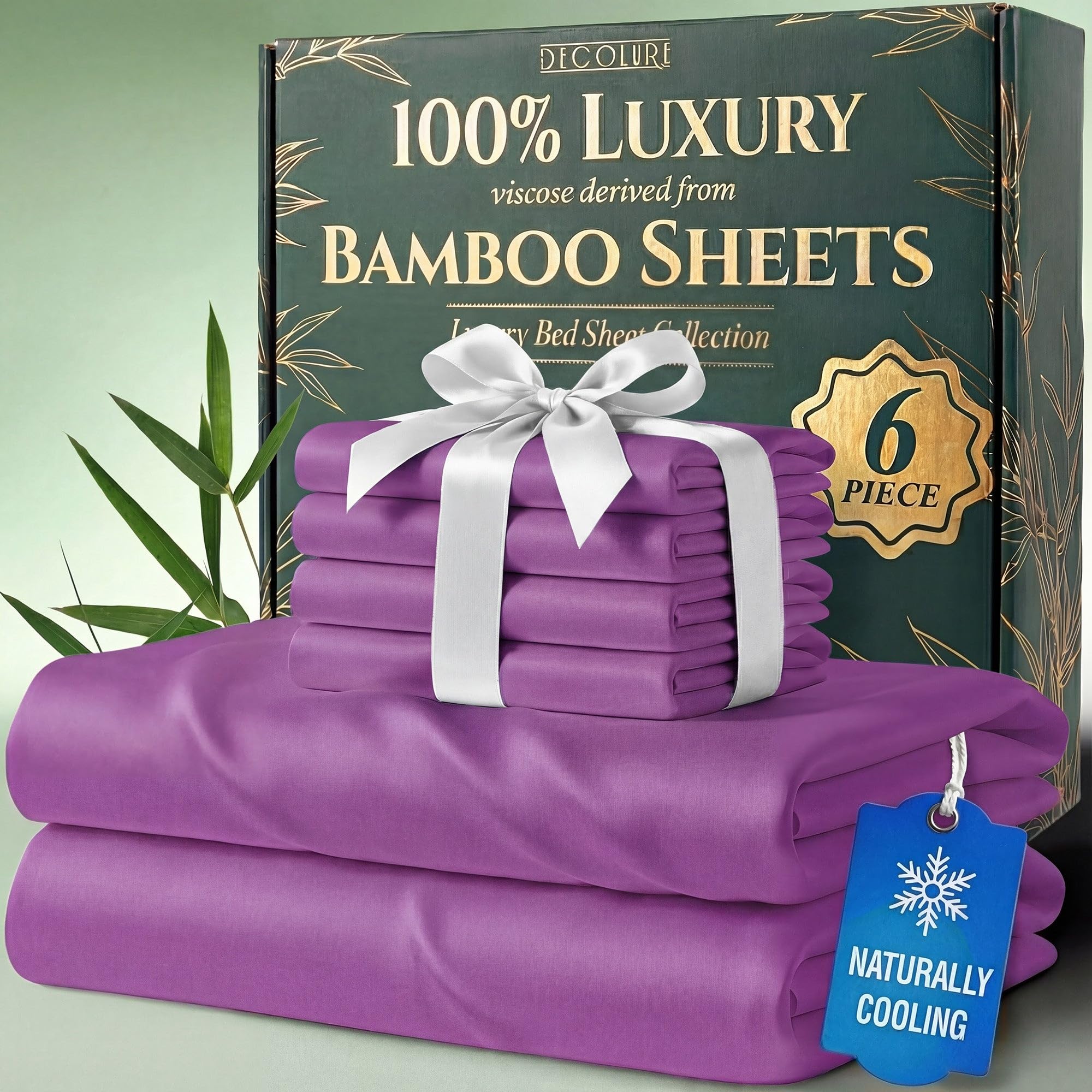 100% Organic Viscose Derived from Bamboo Sheets King Size 6pcs - Ultra Soft & Luxuriously Cooling, 17" Deep Pocket, Double Stitching, Perfect for Hot Sleepers - King Bed Sheets (Purple)