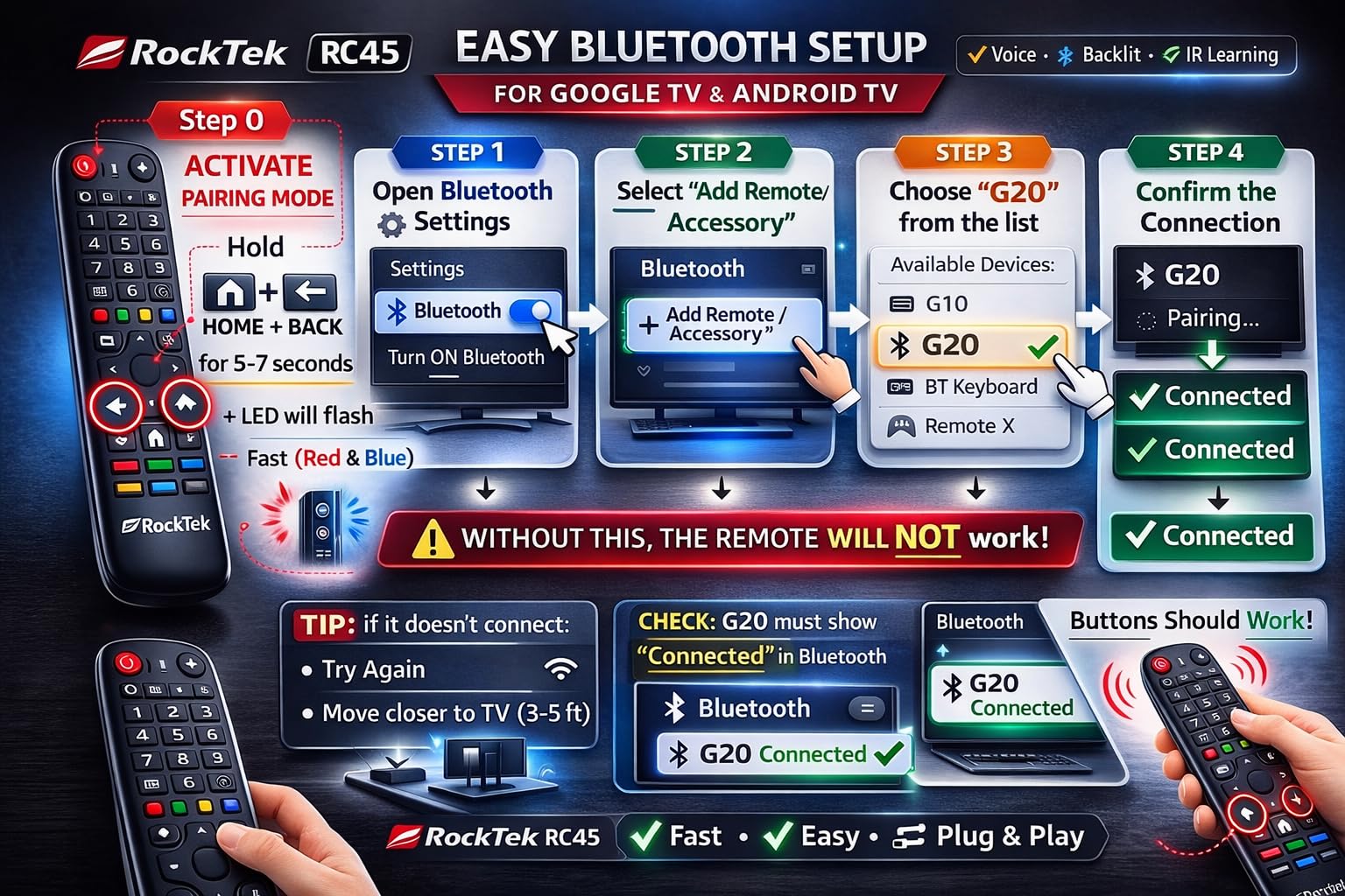 RockTek RC45 Bluetooth Voice Remote – Compatible with Google TV & Android TV, Air Mouse, IR Learning, Backlit Keys — view 9