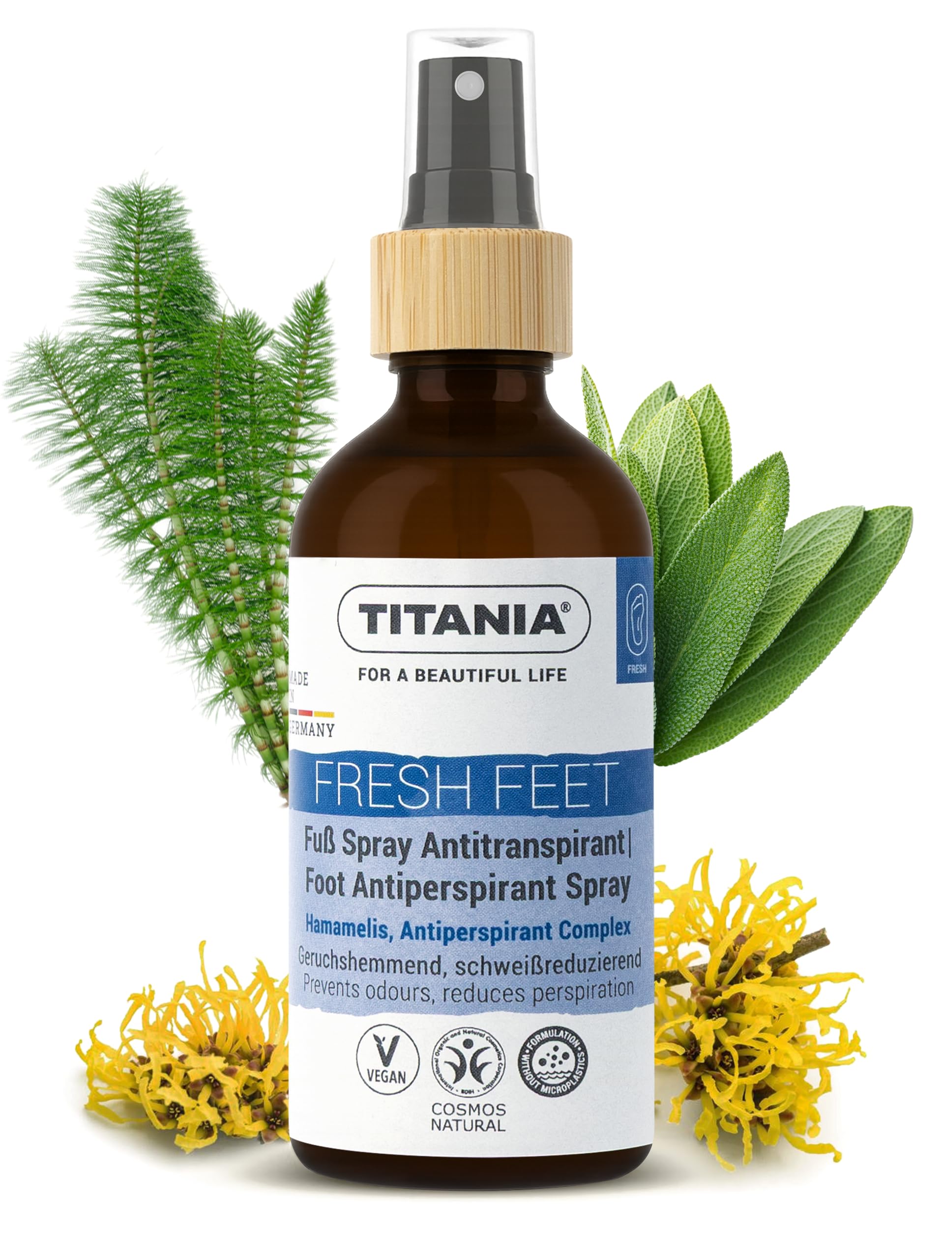 TITANIA Spray antitranspirante para pies, 100 ml, antiolor, antibacteriano, sin alcohol y sales de aluminio, spray antitranspirante con aceite de árbol de té, romero y tomillo – Cosmos Natural, vegano