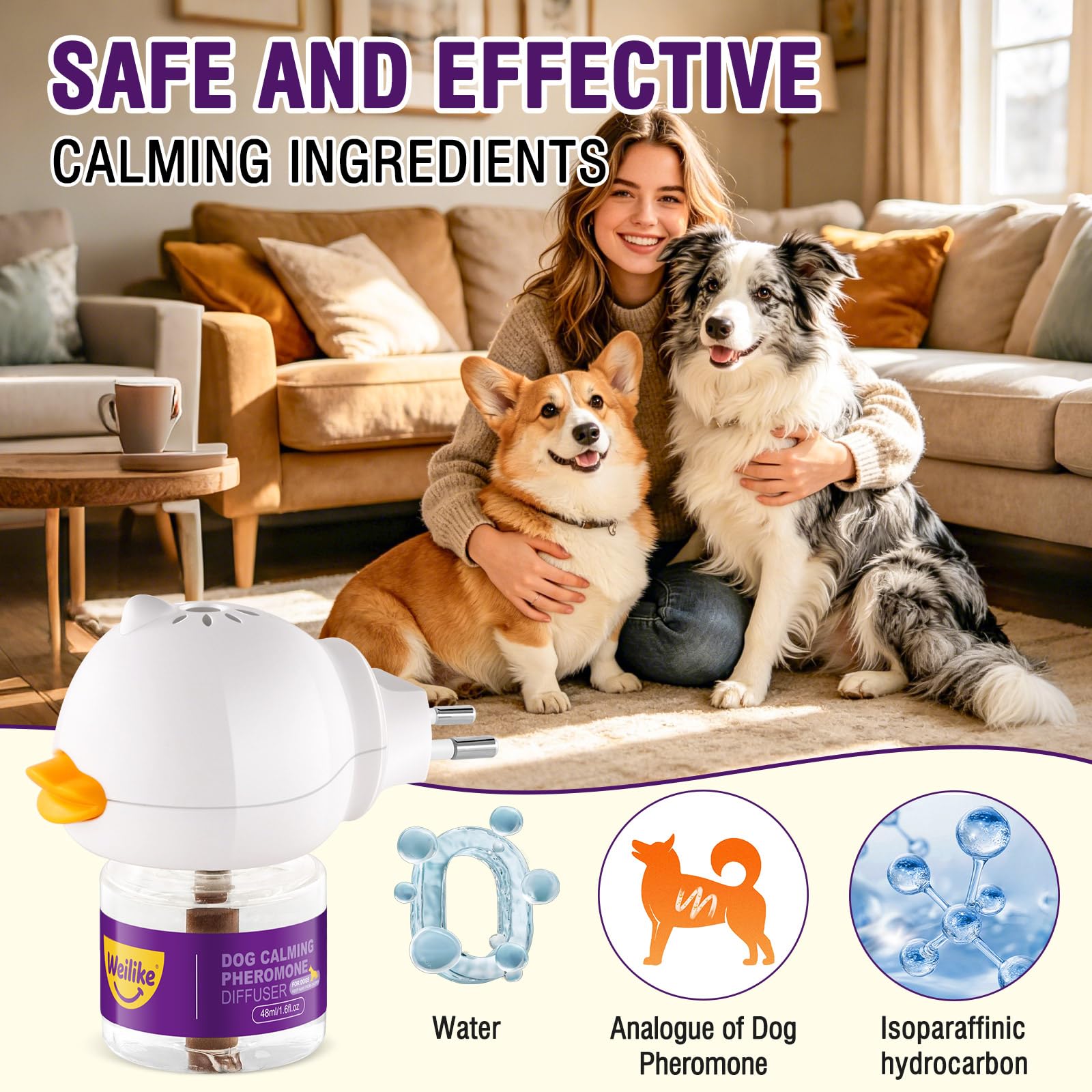 Difusor de Feromonas Relajantes para Perros,Alivio Natural de la Ansiedad,Reduce el Estrés y Favorece la Relajación,Fórmula Segura y Eficaz,3 Recambios (3 Ricariche+1 Diffusore)