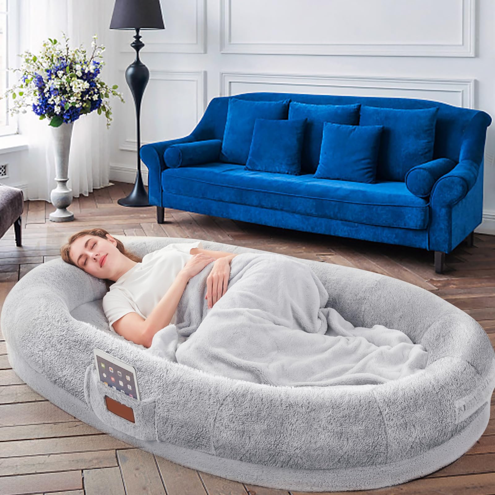 Lit pour Chien et Humain pour Adultes, 180 x 122 x 25 cm - Grand Sac de Haricots avec Couverture, Lit Ovale Lavable en Fausse Fourrure, Mousse à Mémoire Détachable de Grande Taille, Lit pour